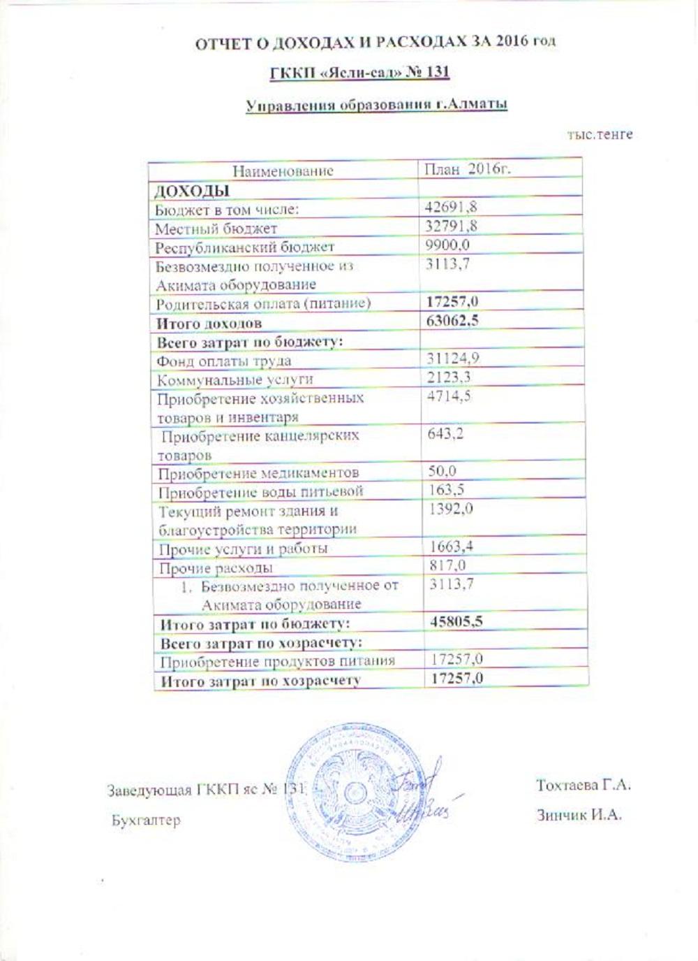 Отчет о доходах и расходах за 12 месяцев  2016 года