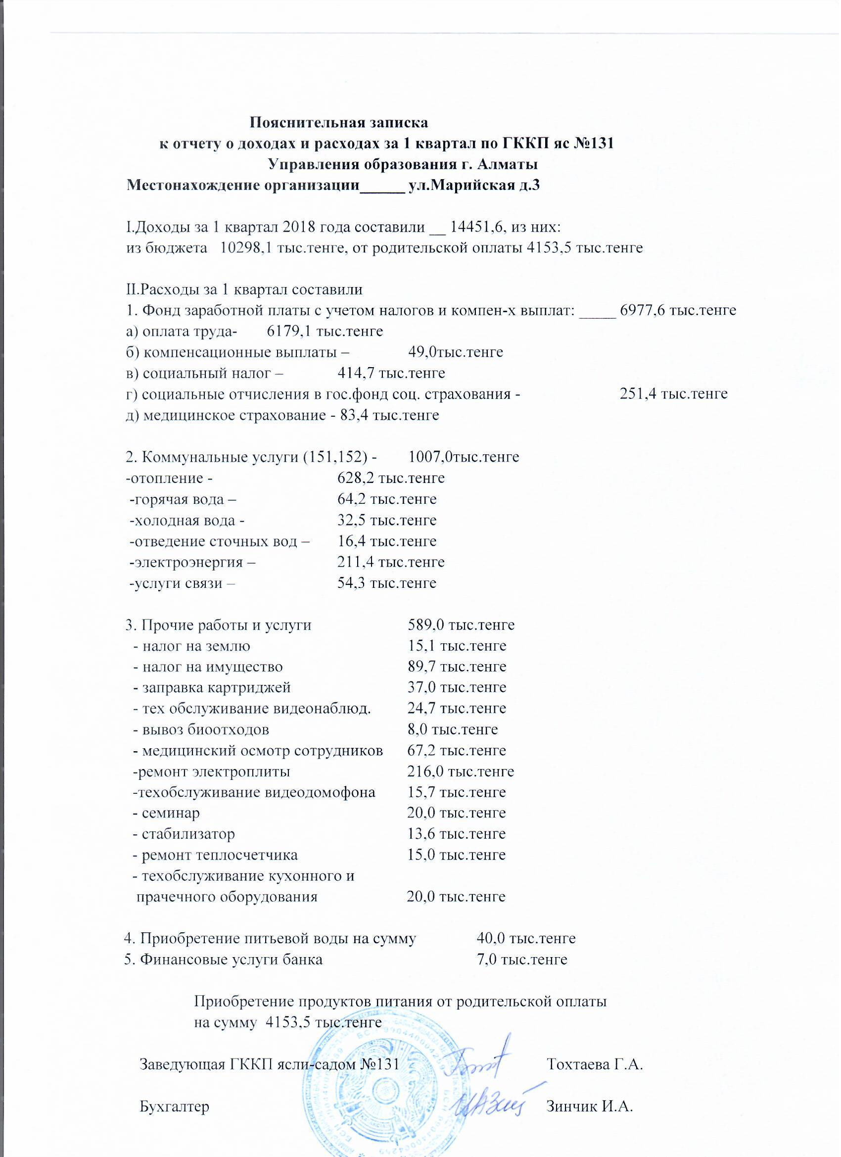 Отчет о доходах и расходах за 1 квартал 2018 г.