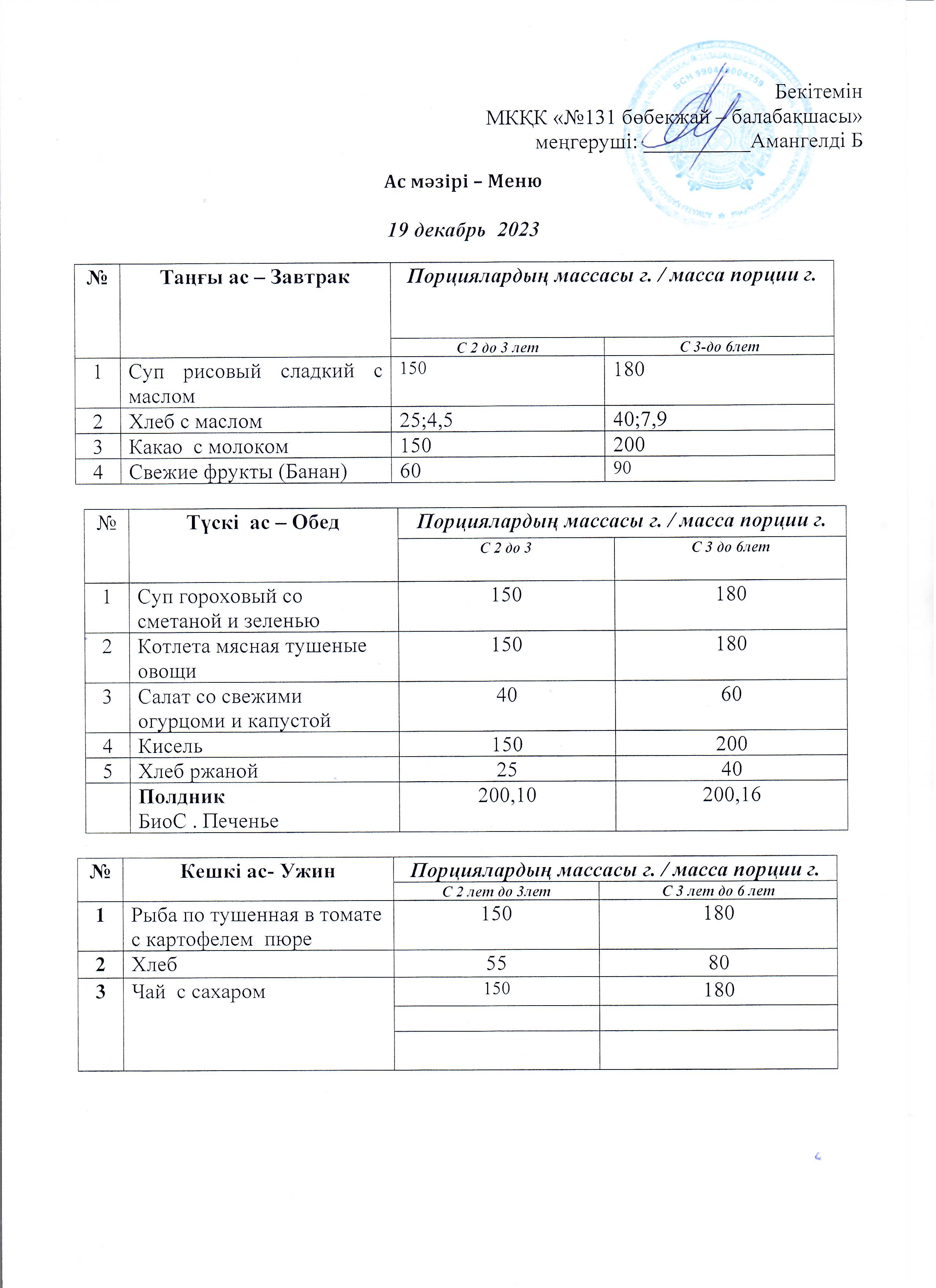 Меню 19 декабрь 2023