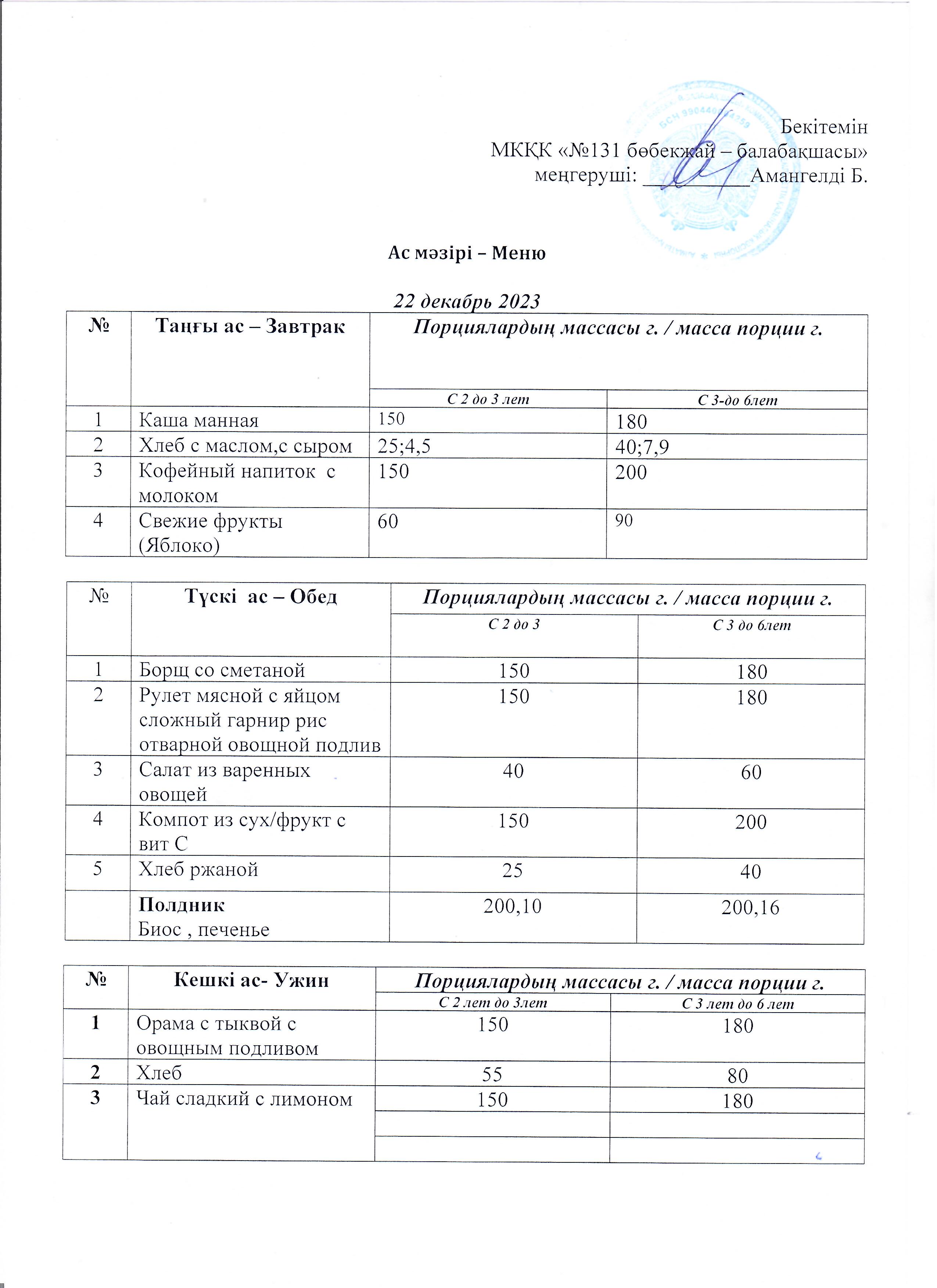 Меню 22 декабрь 2023