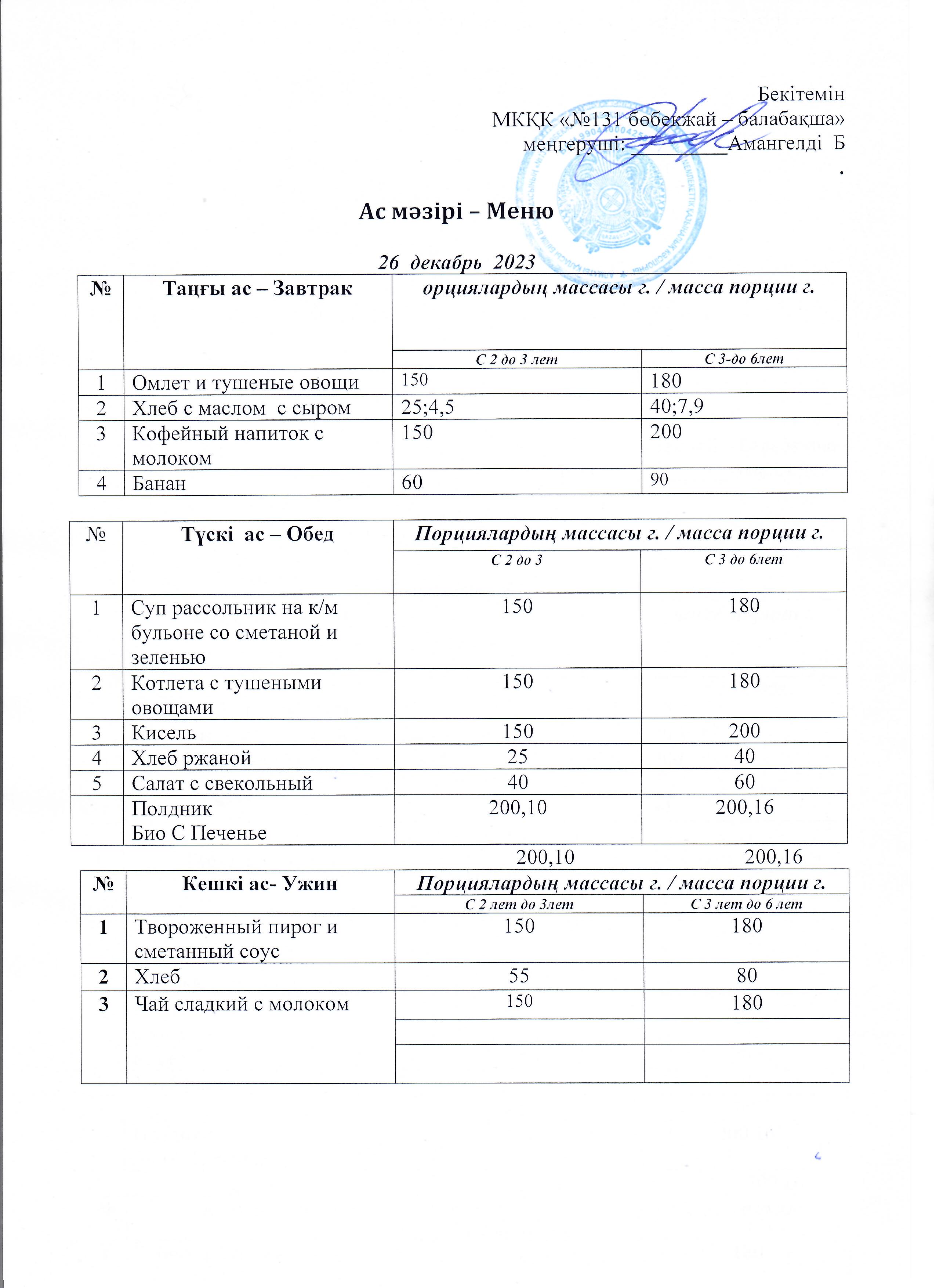 Меню 26 декабрь 2023