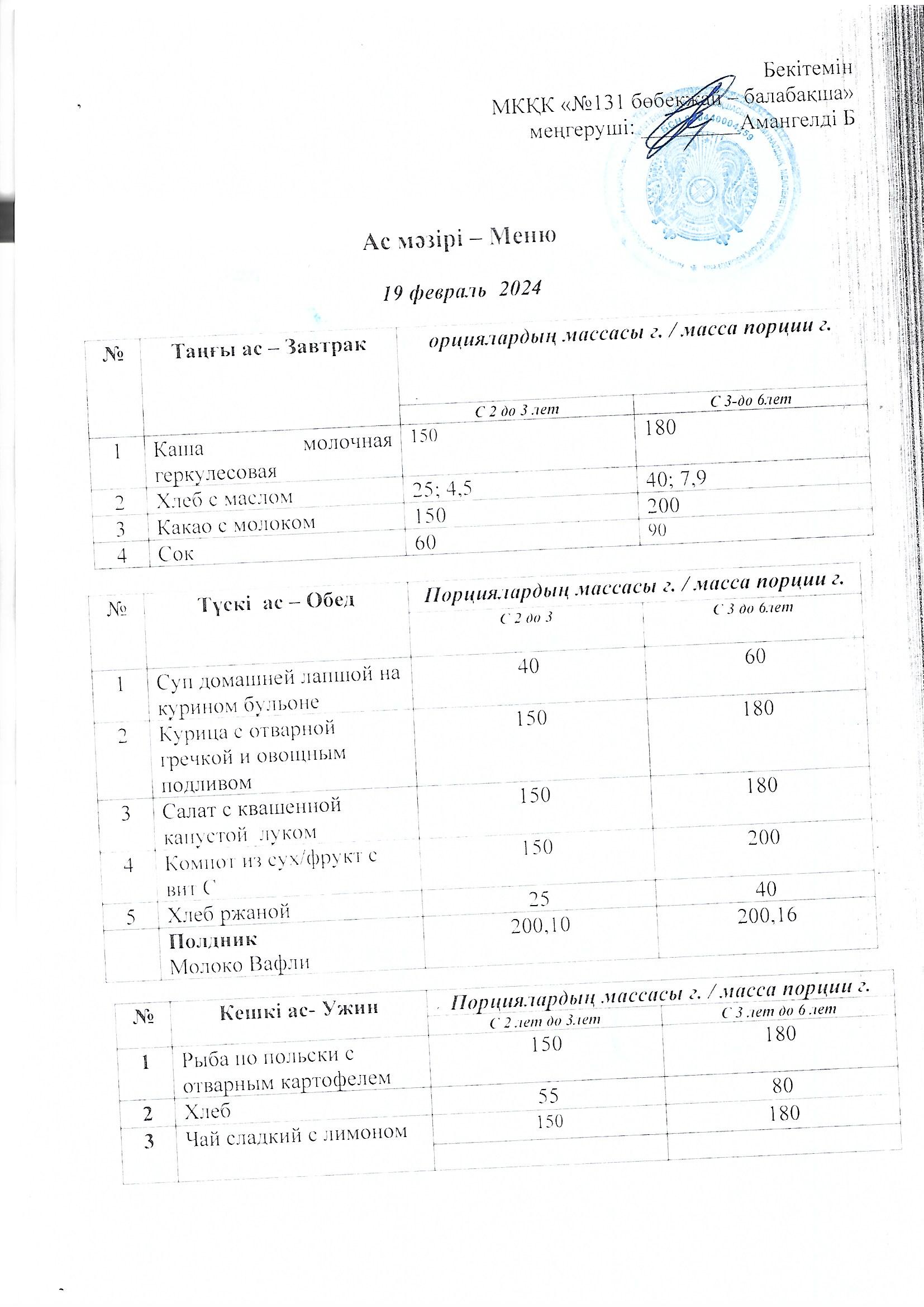 Меню 19 февраль 2024 г