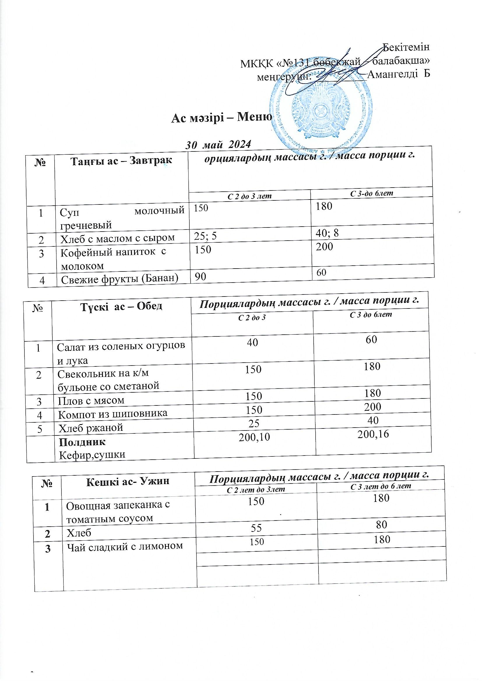 Меню  30 май 2024 г