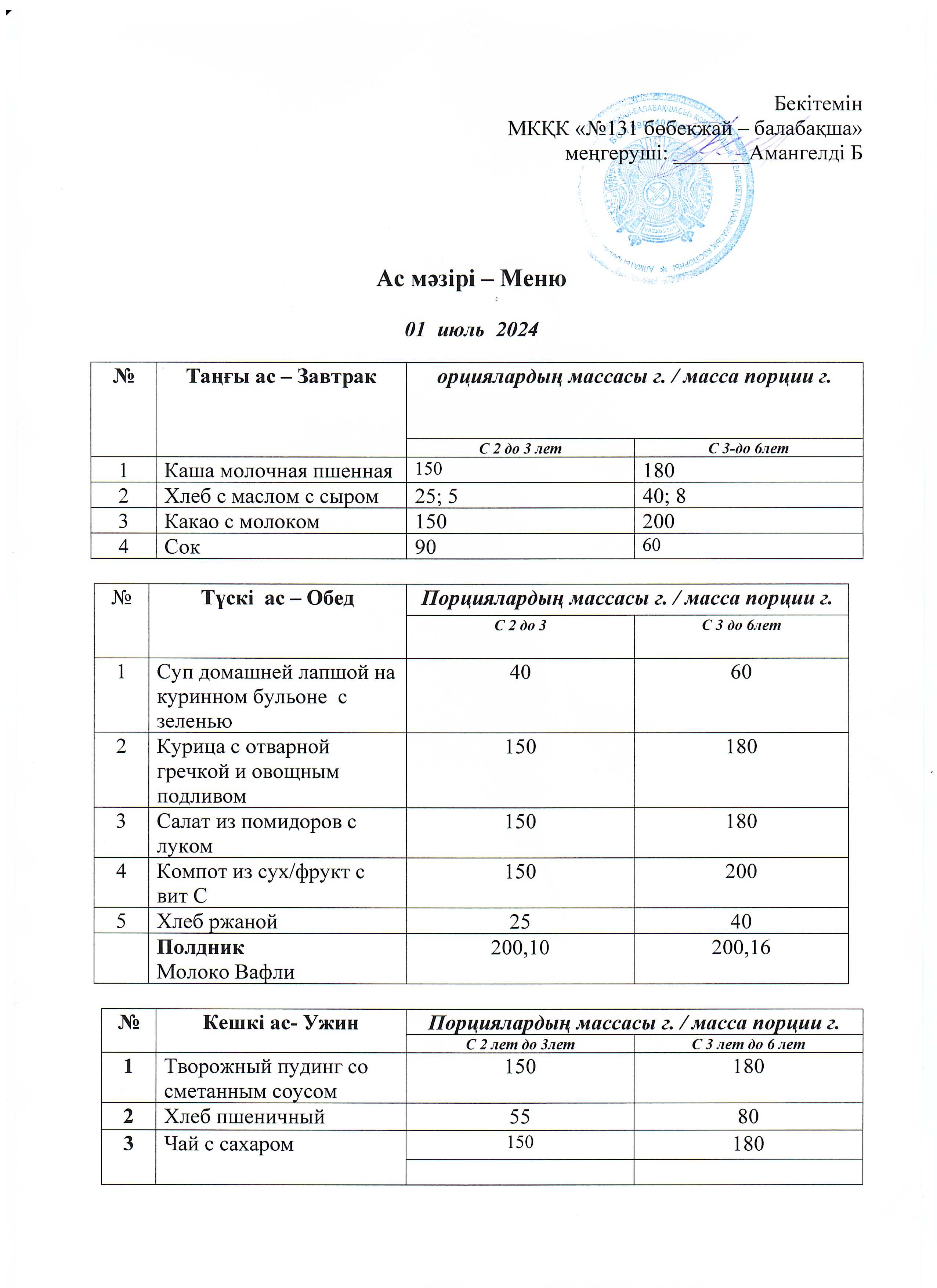 Меню 01 июль 2024 г