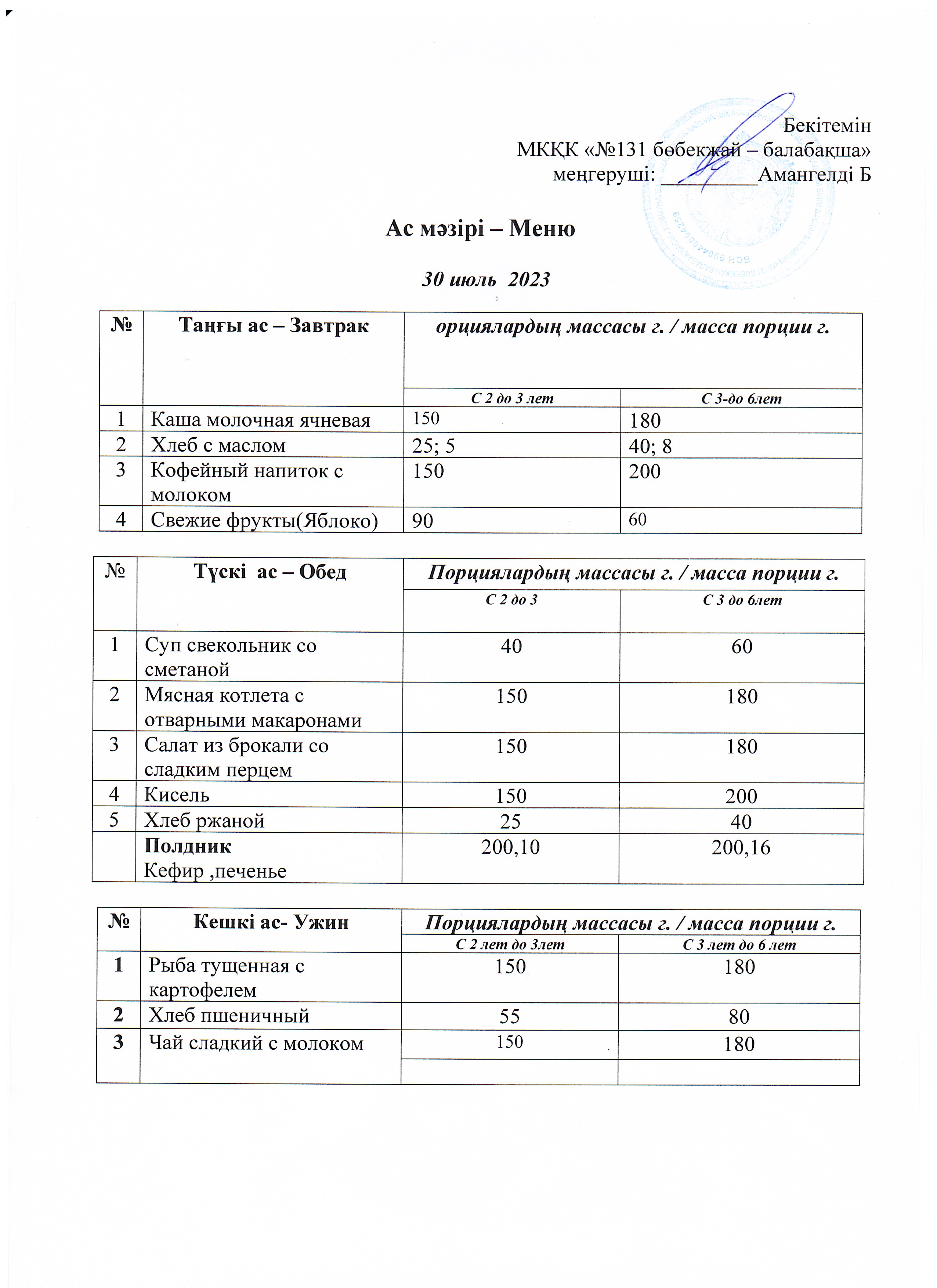 Меню 30 июль 2024 г