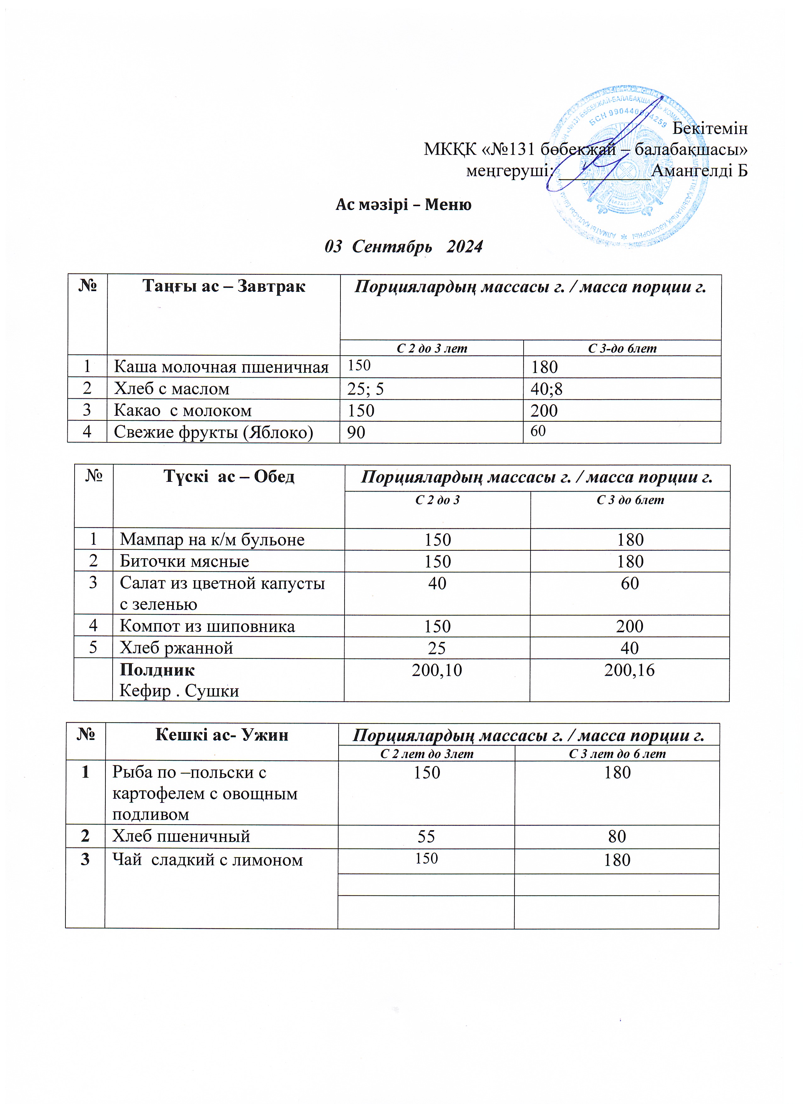 Меню 03 Сентябрь 2024 г