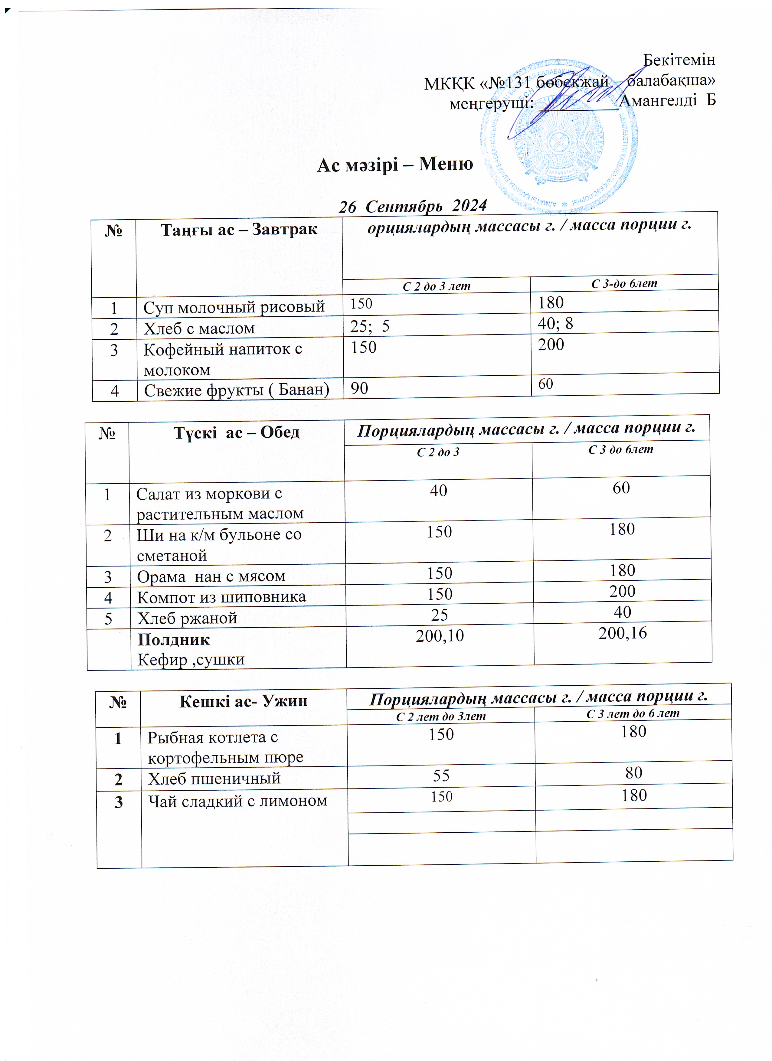 Меню 26 сентябрь 2024 г