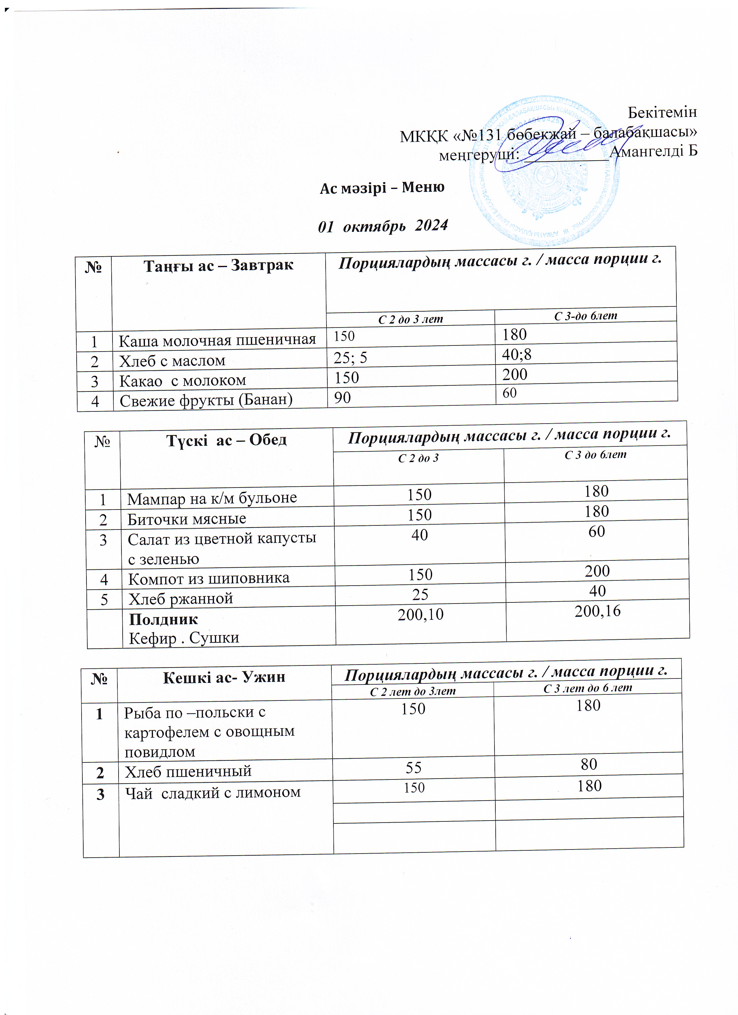 Меню 01 октябрь 2024 г