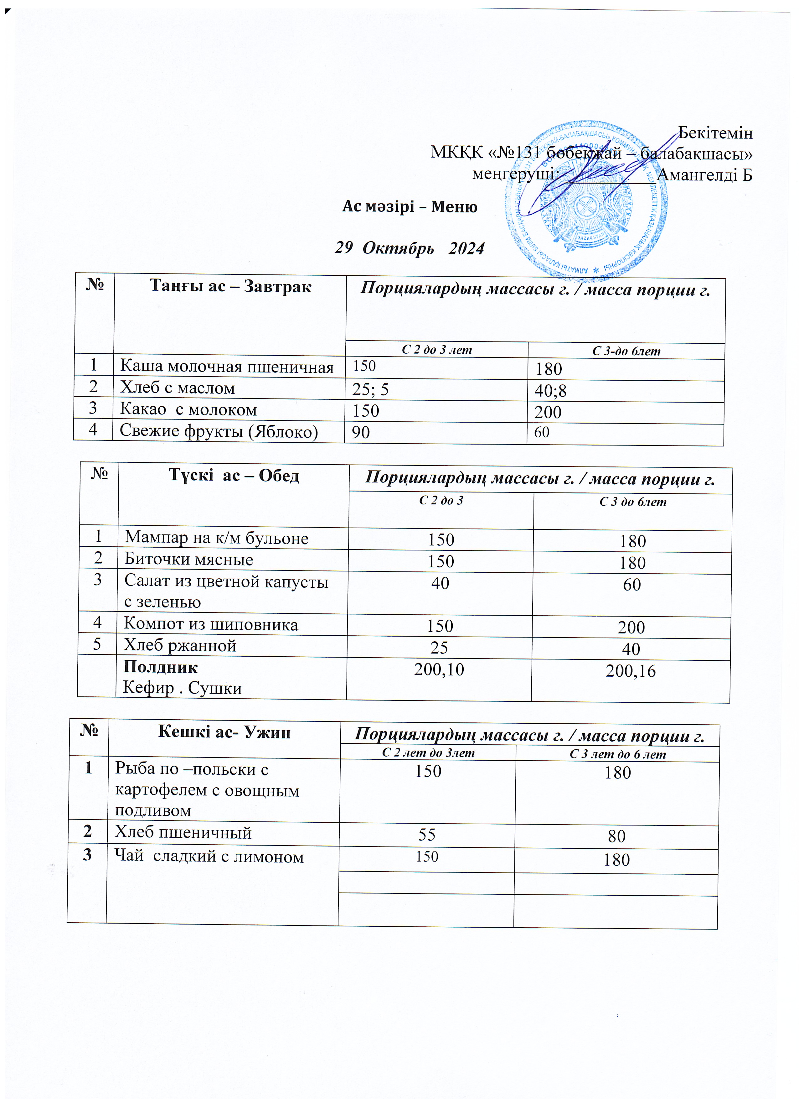 Меню 29 октябрь  2024 г