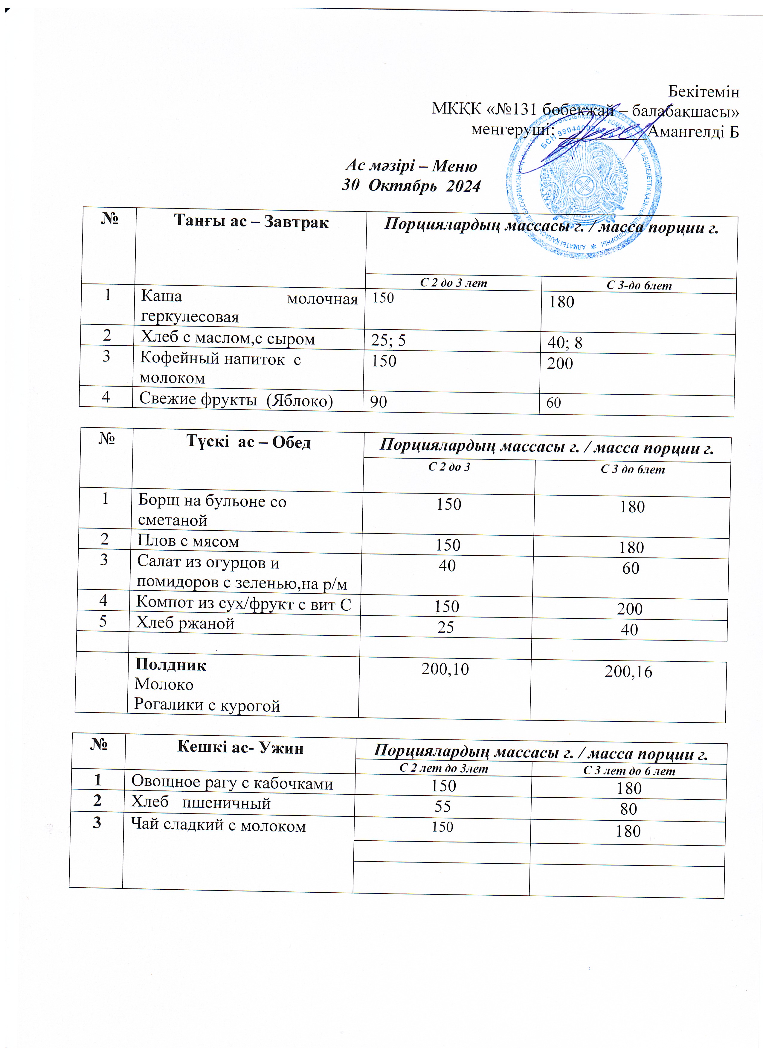 Меню 30 октябрь 2024 г