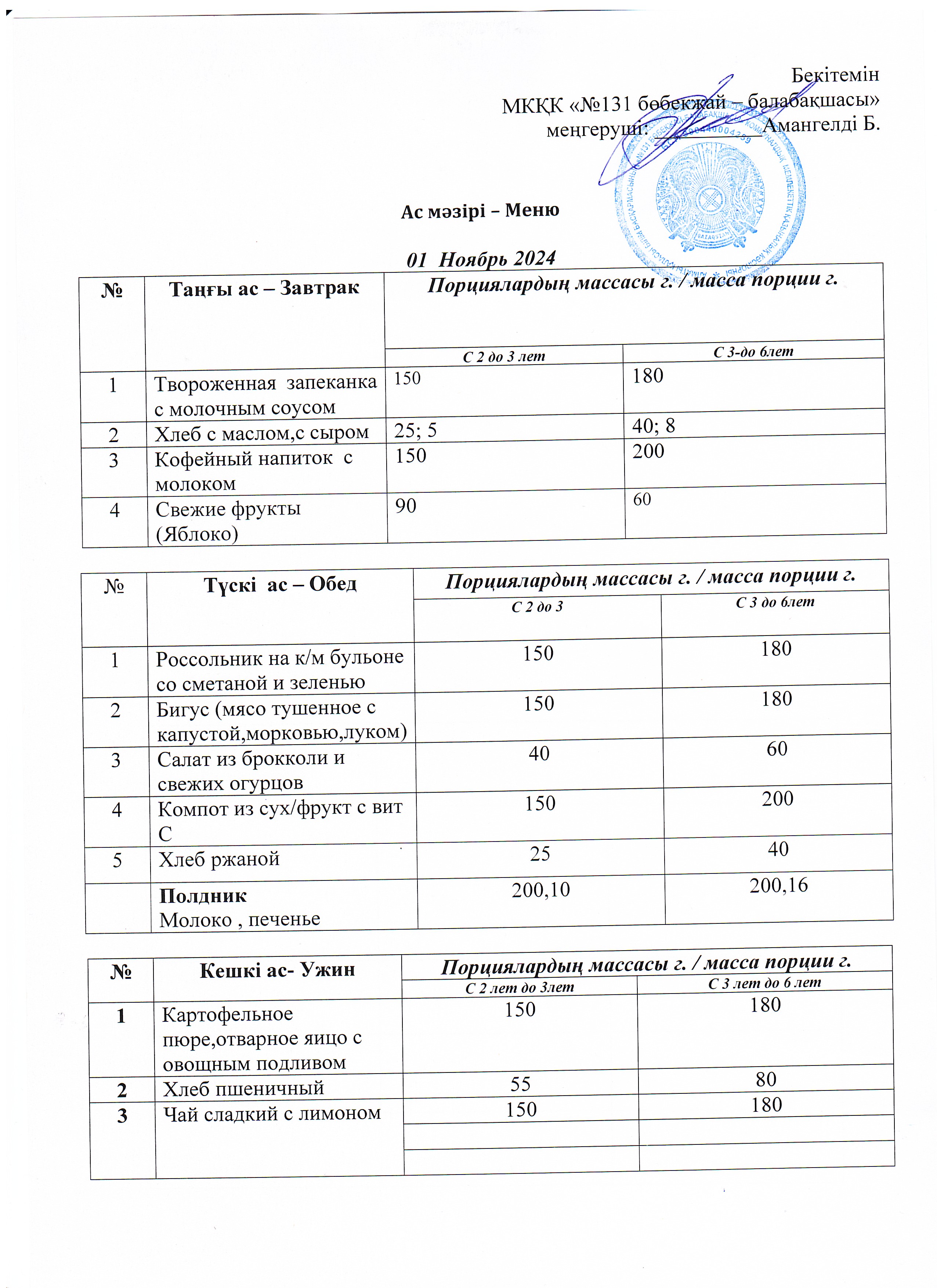 Меню 01 Ноябрь  2024 г