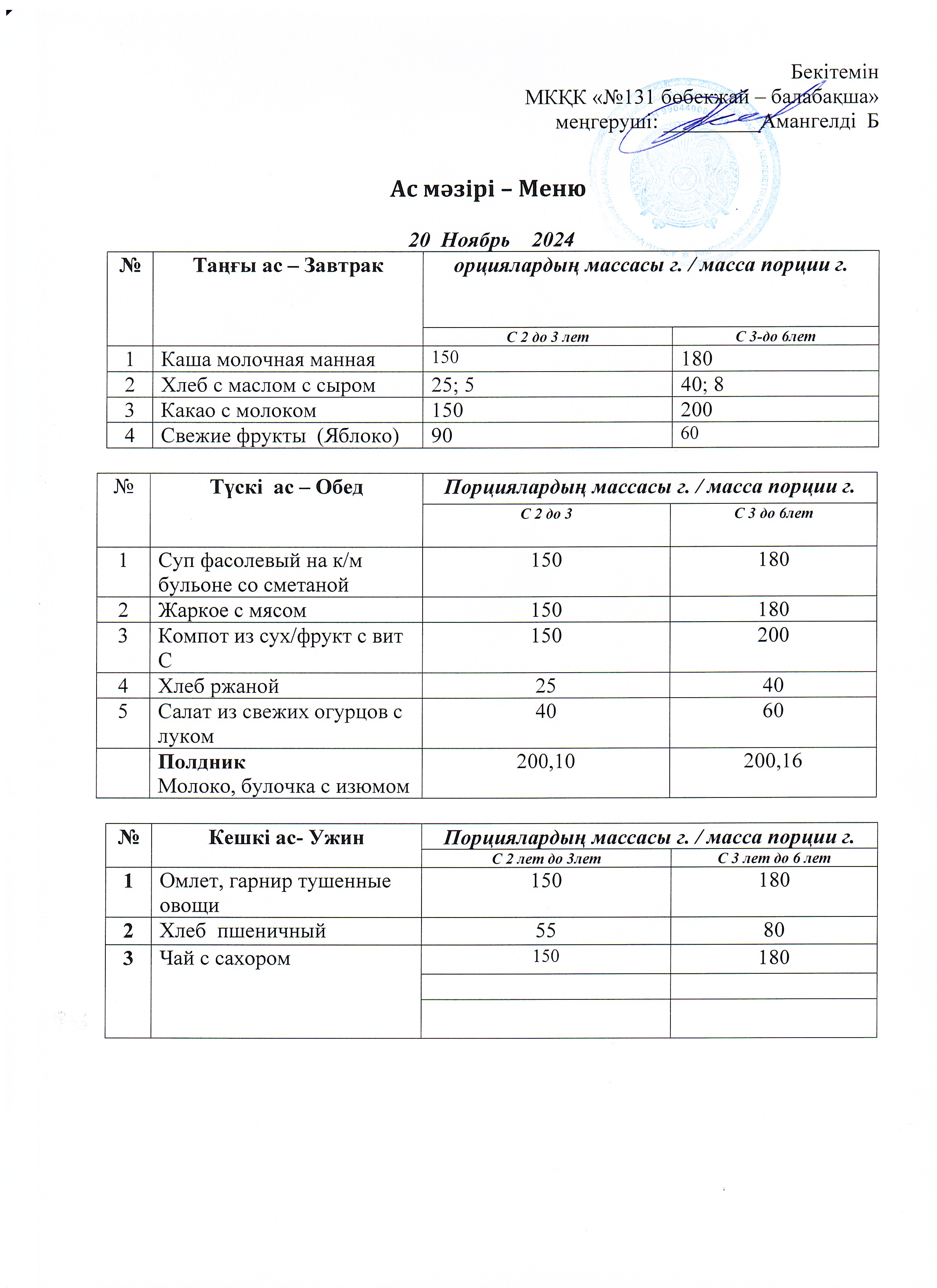 Меню 20 Ноябрь 2024 г