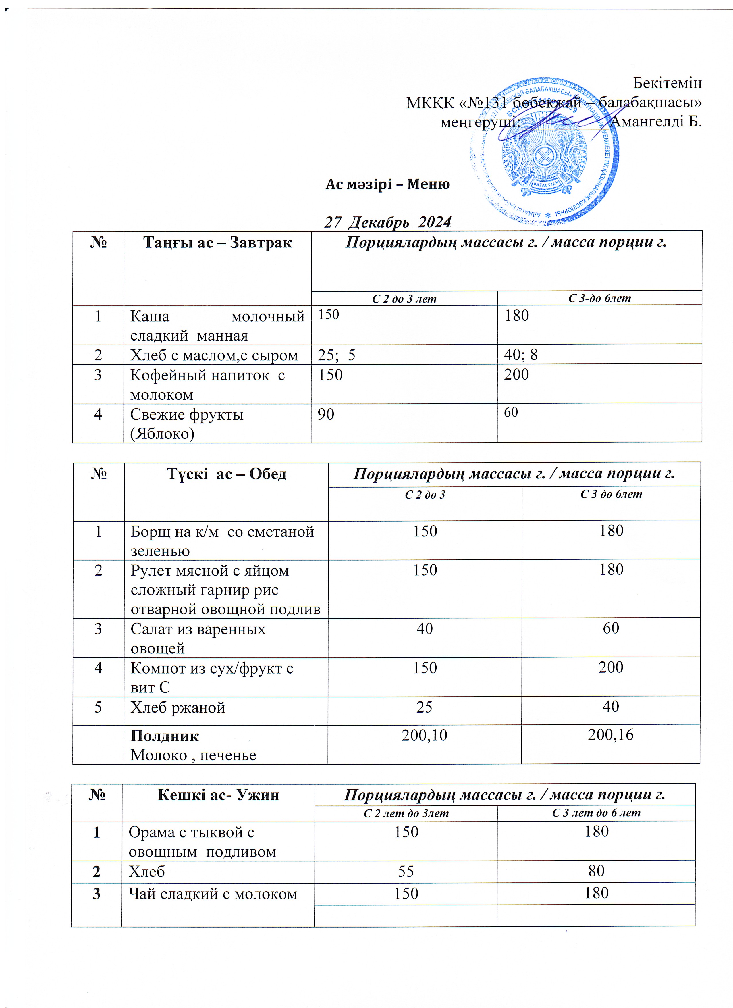 Меню 27 Декабрь 2024 г