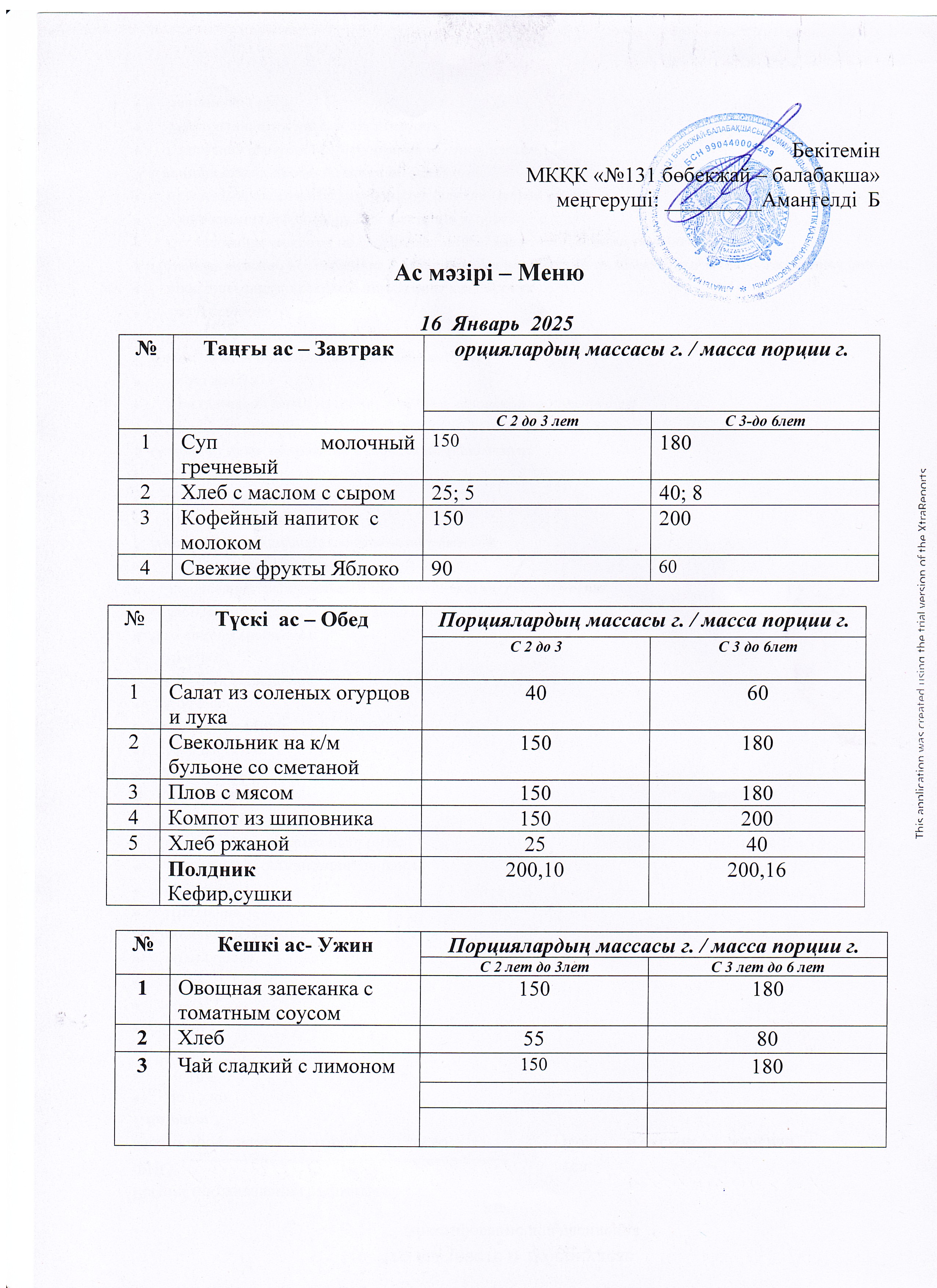 Меню 16 Январь 2025 г