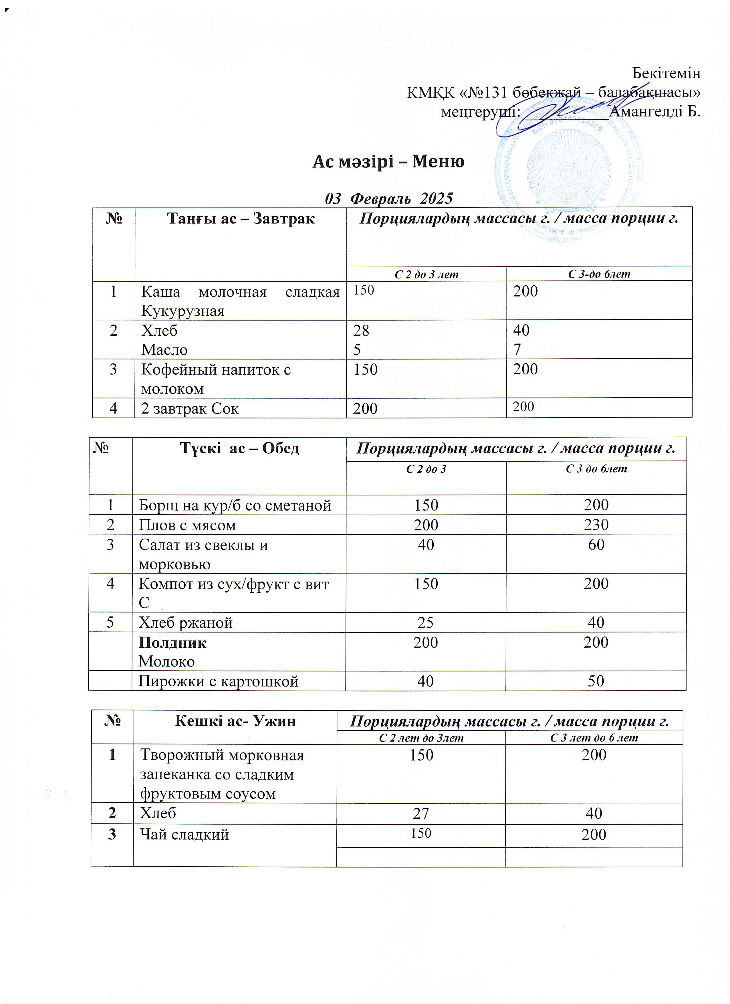 Меню 03 Февраль 2025 г