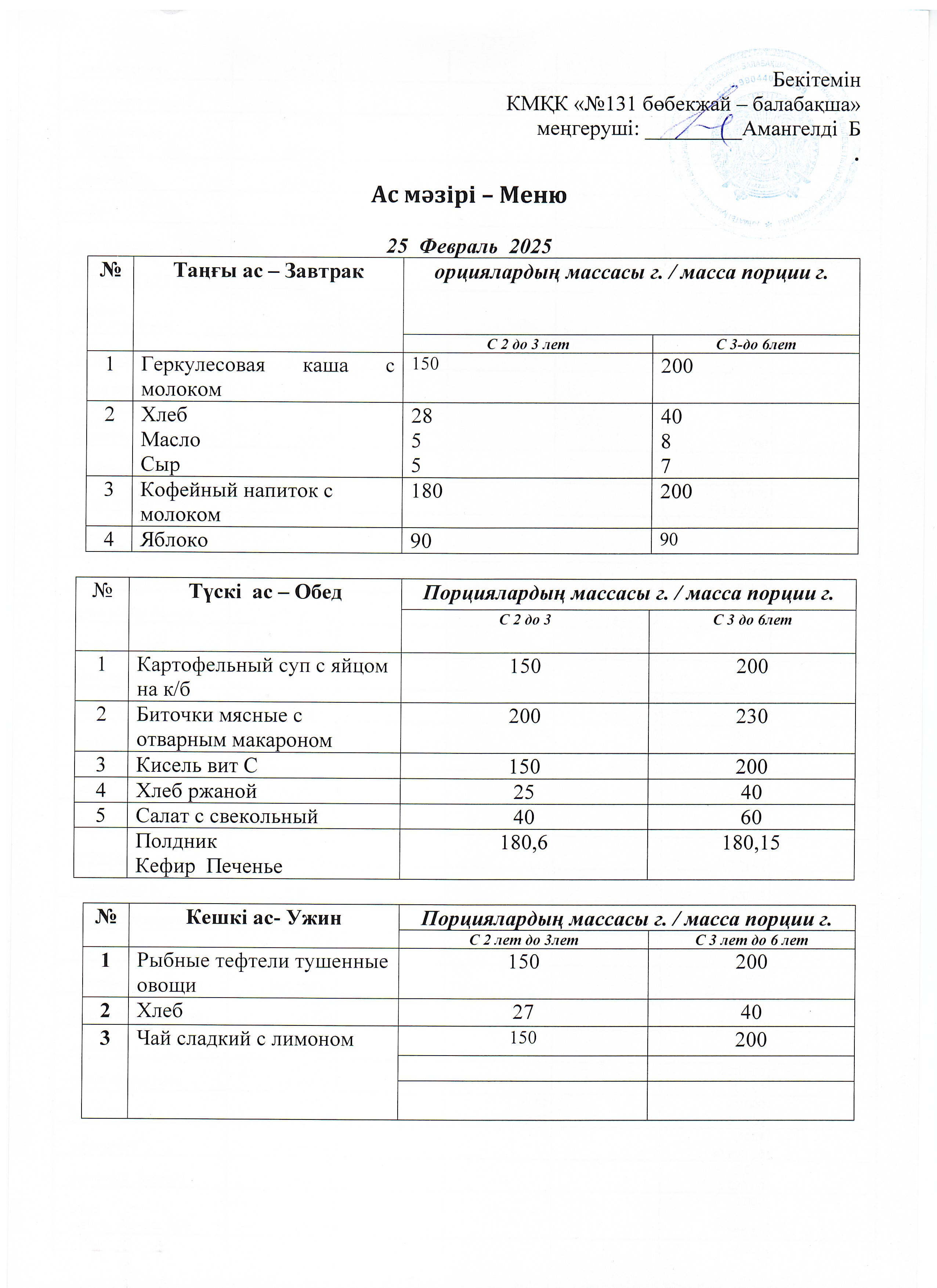 Меню 25 Февраль 2025 г