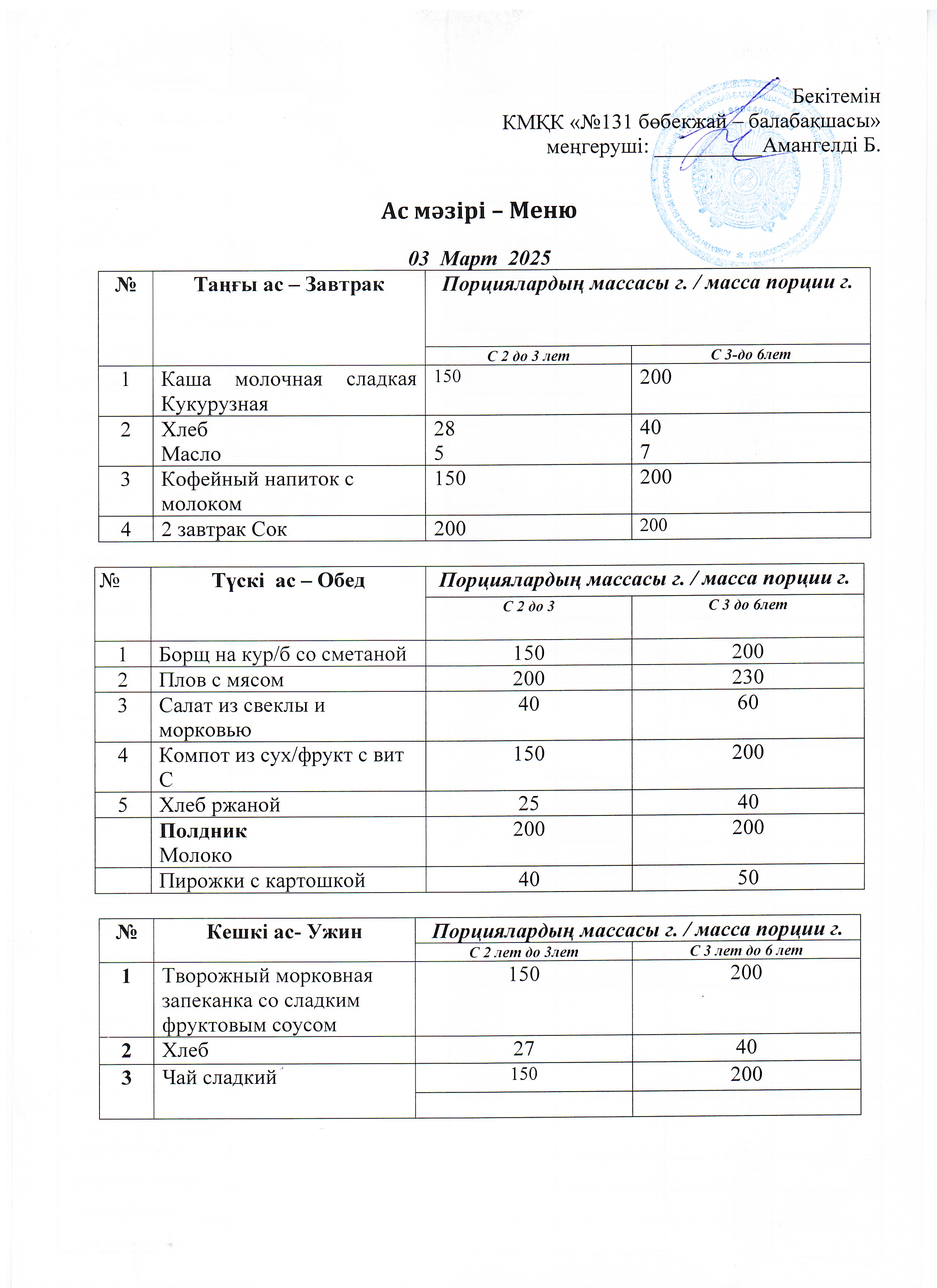 Меню 03 Март 2025 г