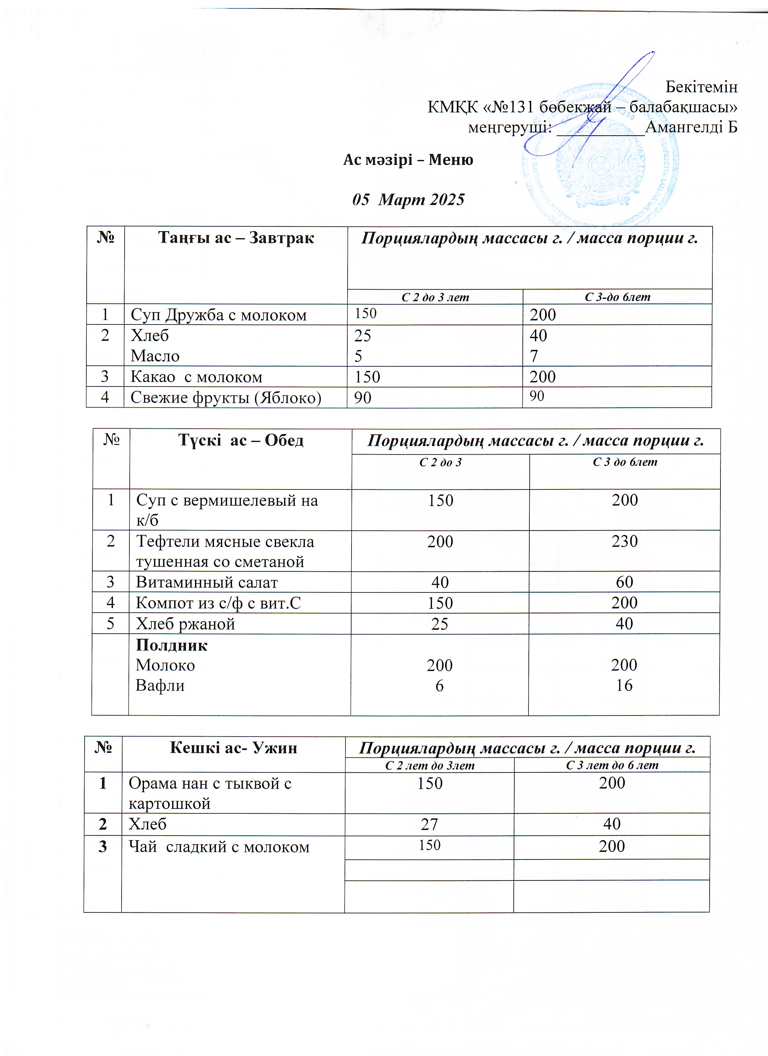 Меню 05 Март 2025 г