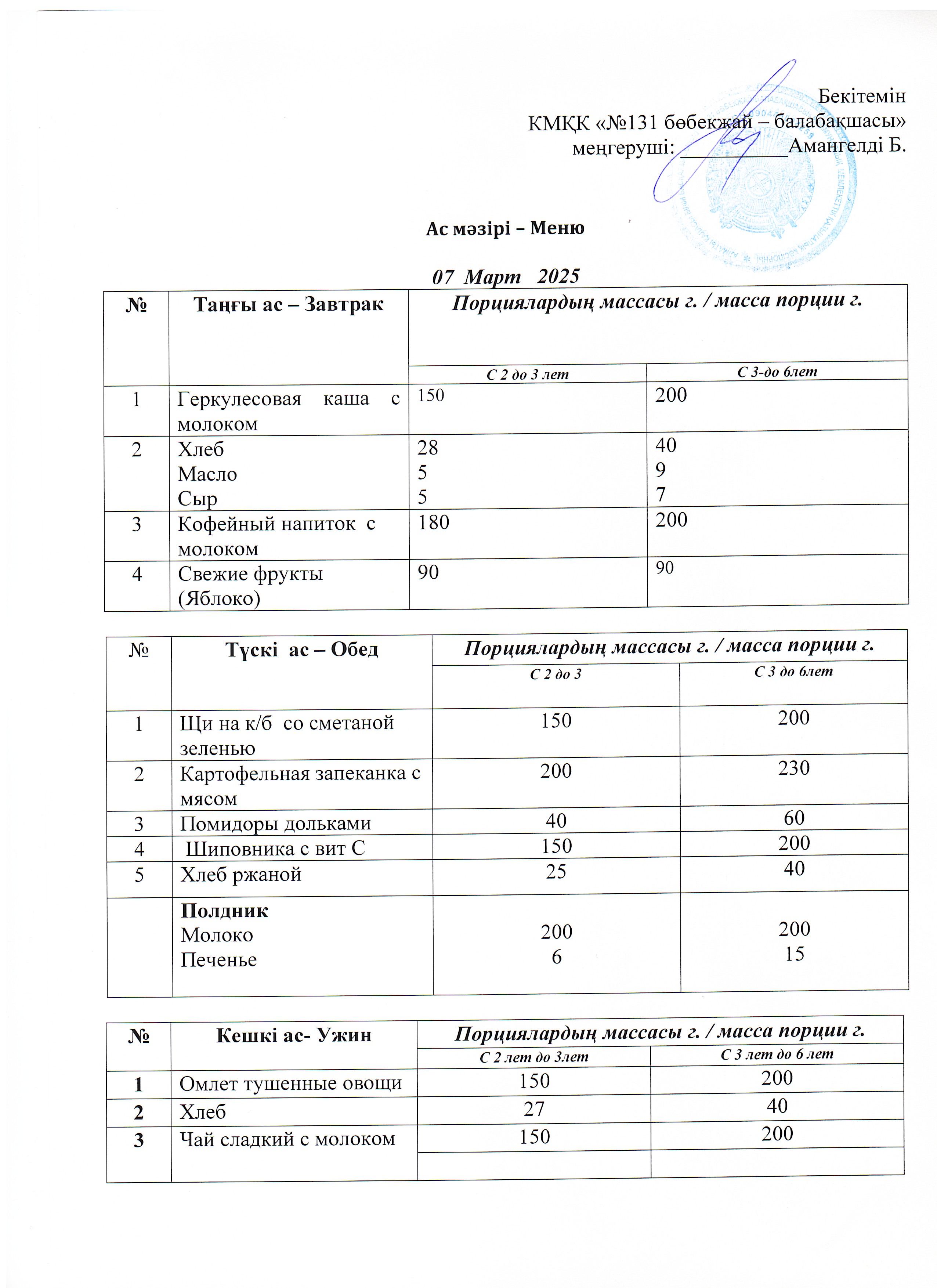 Меню 07 Март 2025 г
