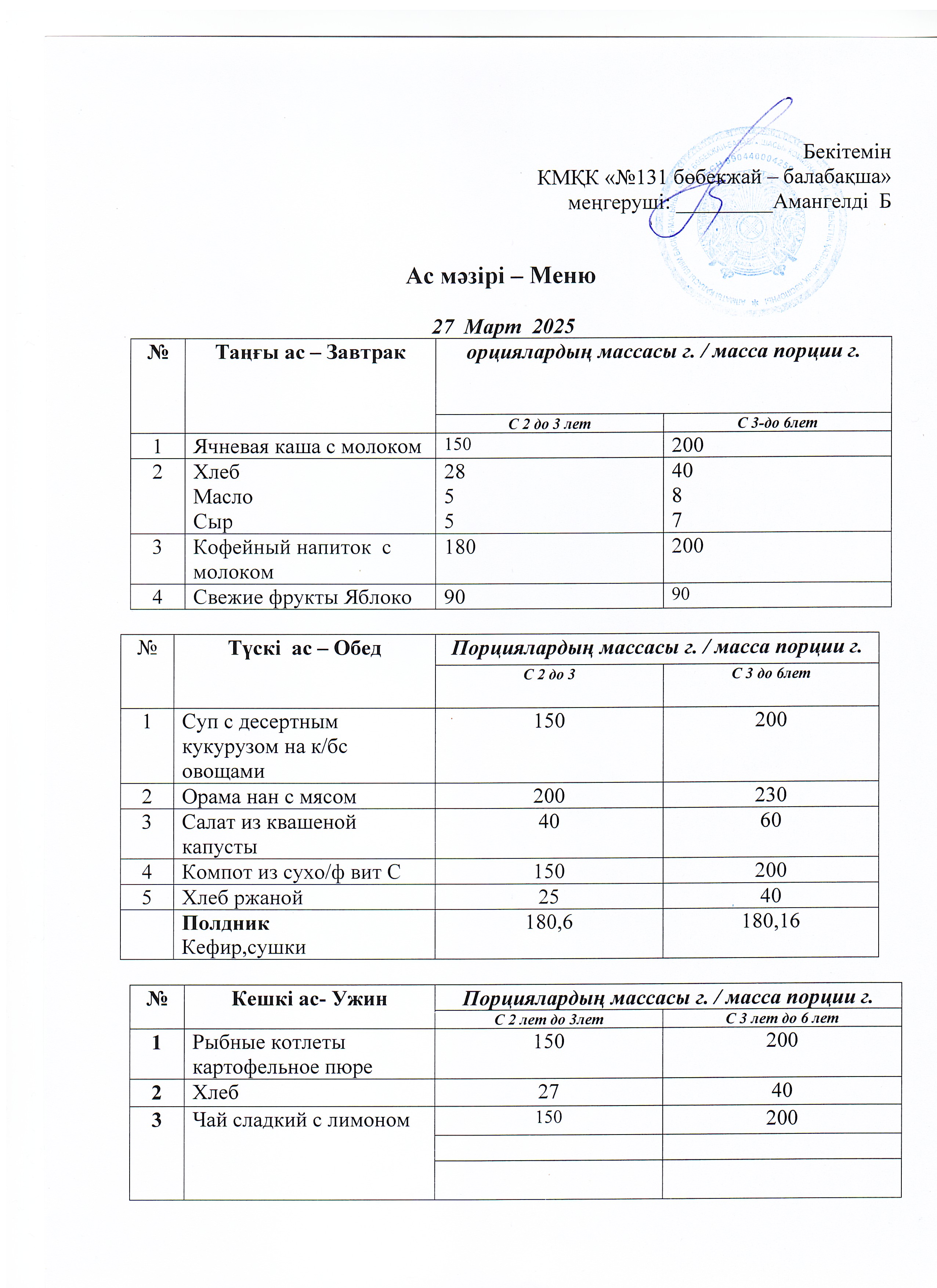 Меню 27 Март 2025 г