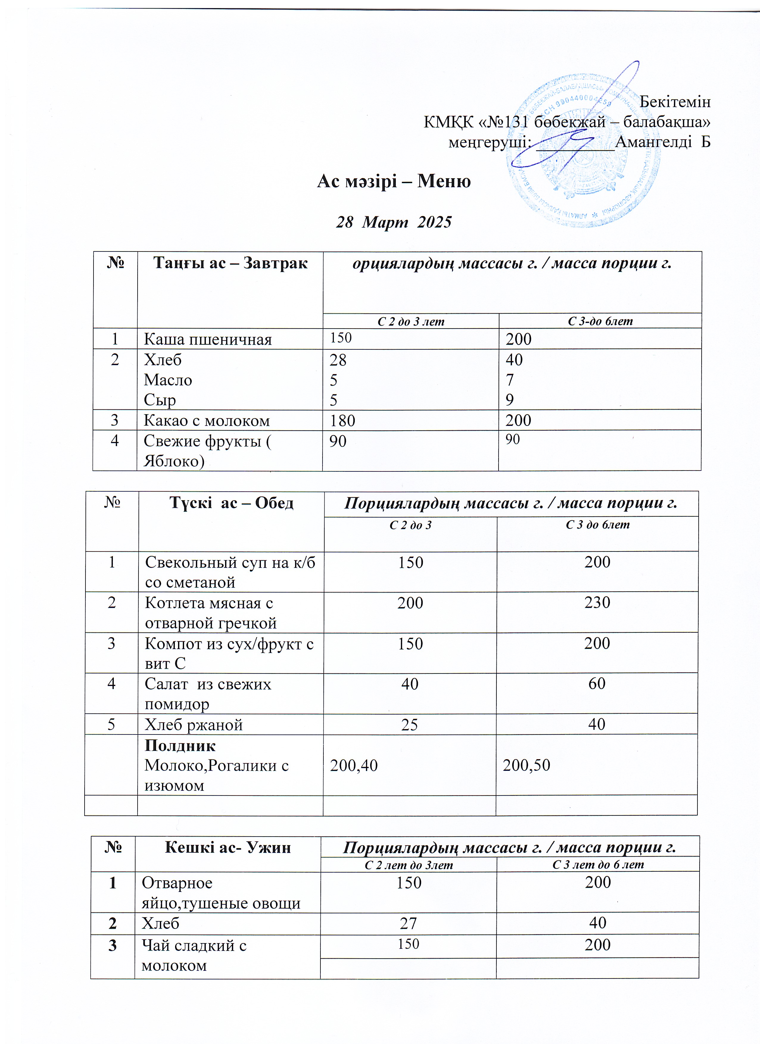 Меню 28 Март 2025 г