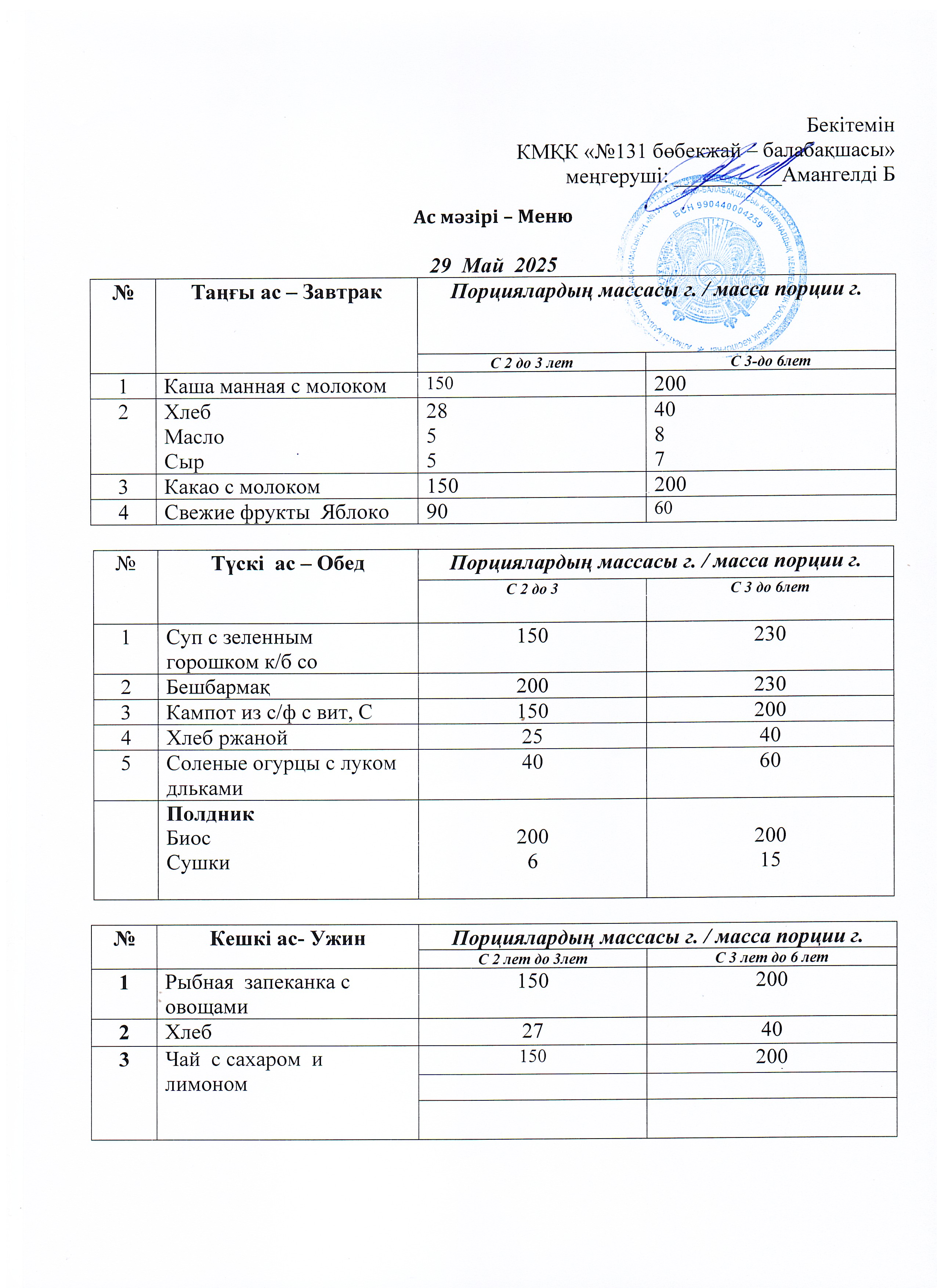 Меню 29 Май 2025 г