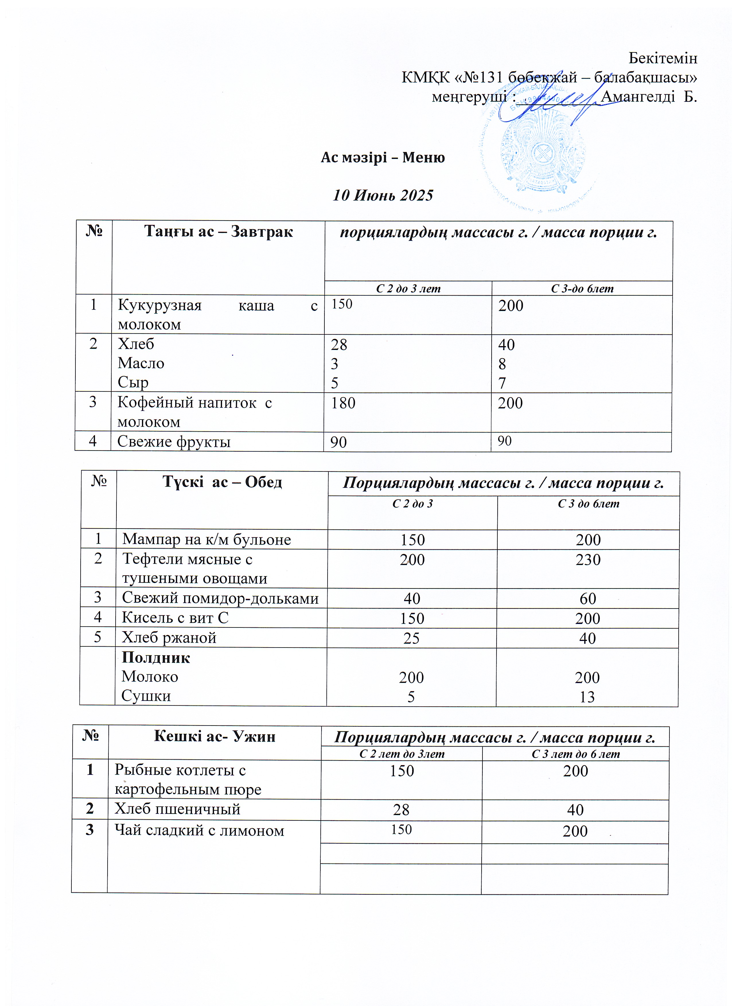 Меню 10 Июнь 2025 г