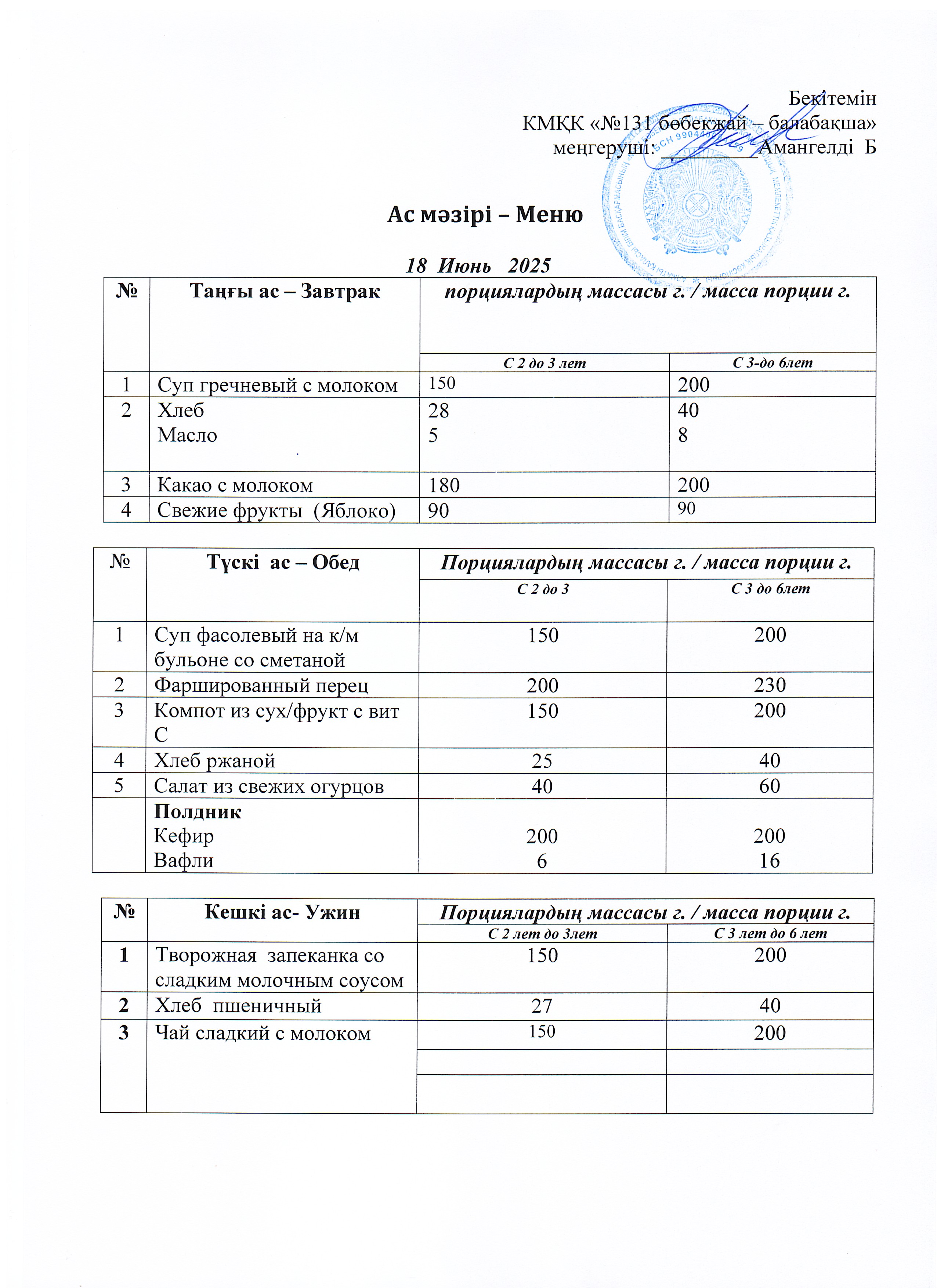Меню 18 Июнь 2025 г