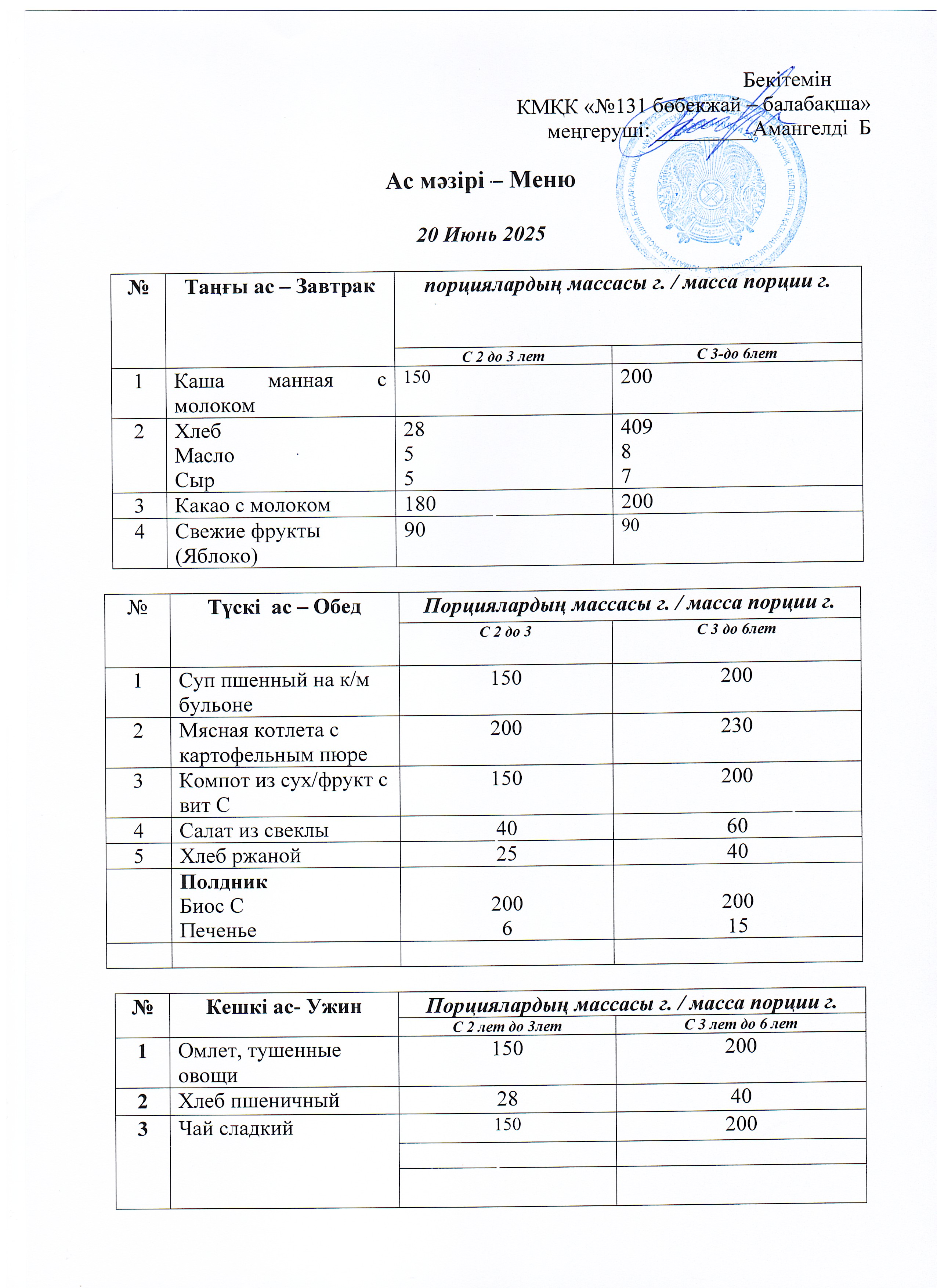 Меню 20 Июнь 2025 г