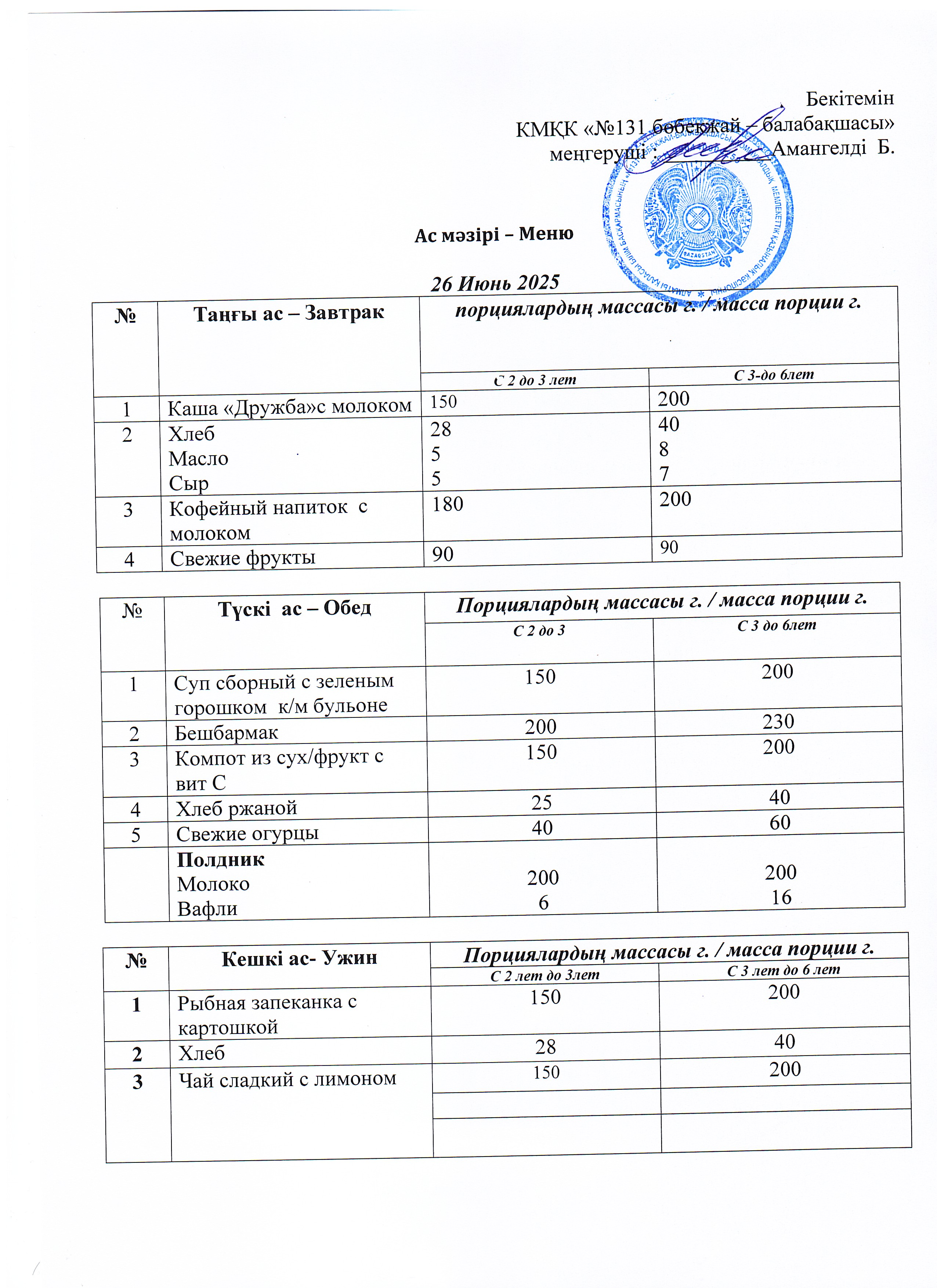 Меню 26 Июнь 2025 г