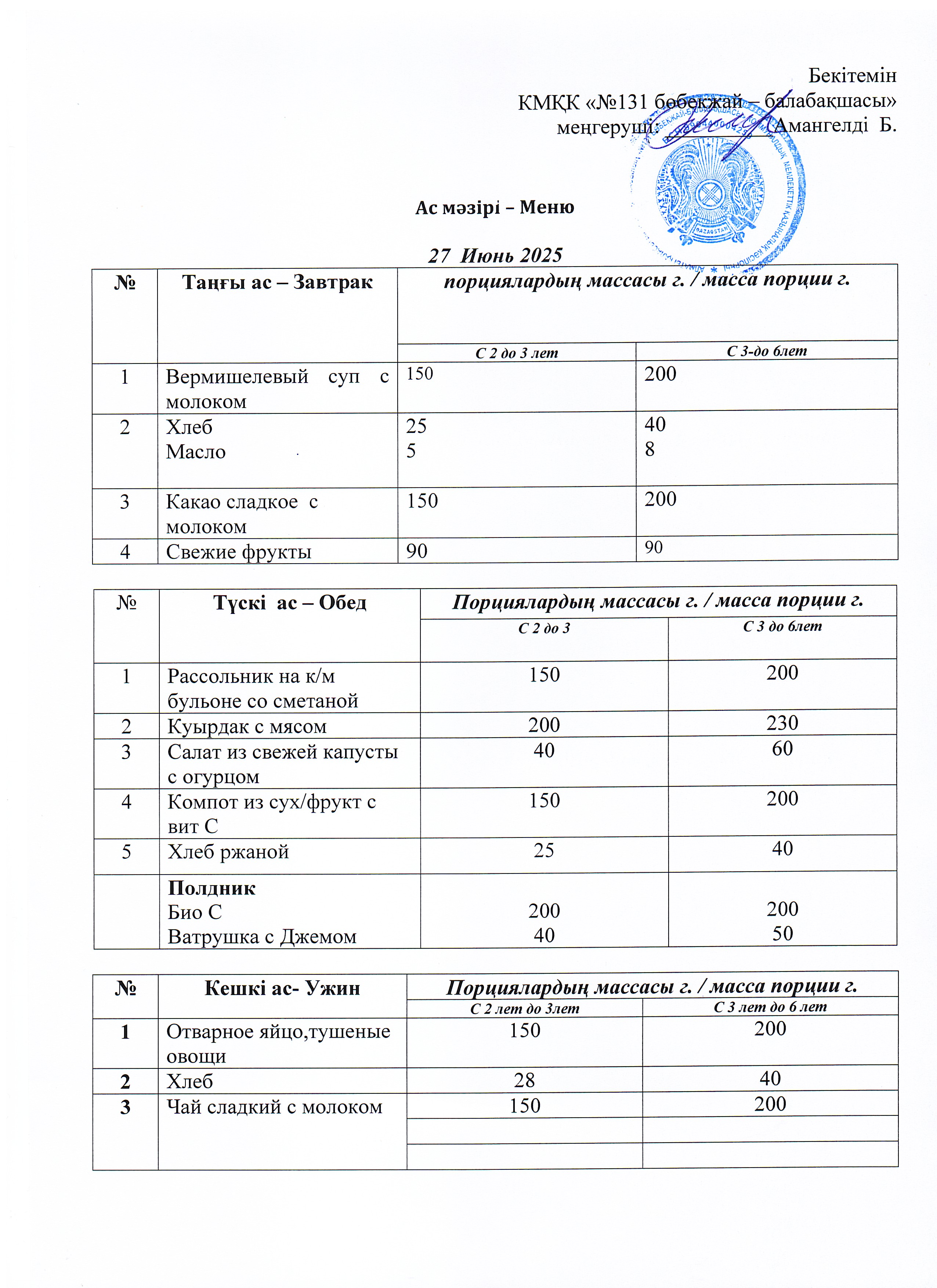 Меню 27 Июнь 2025 г