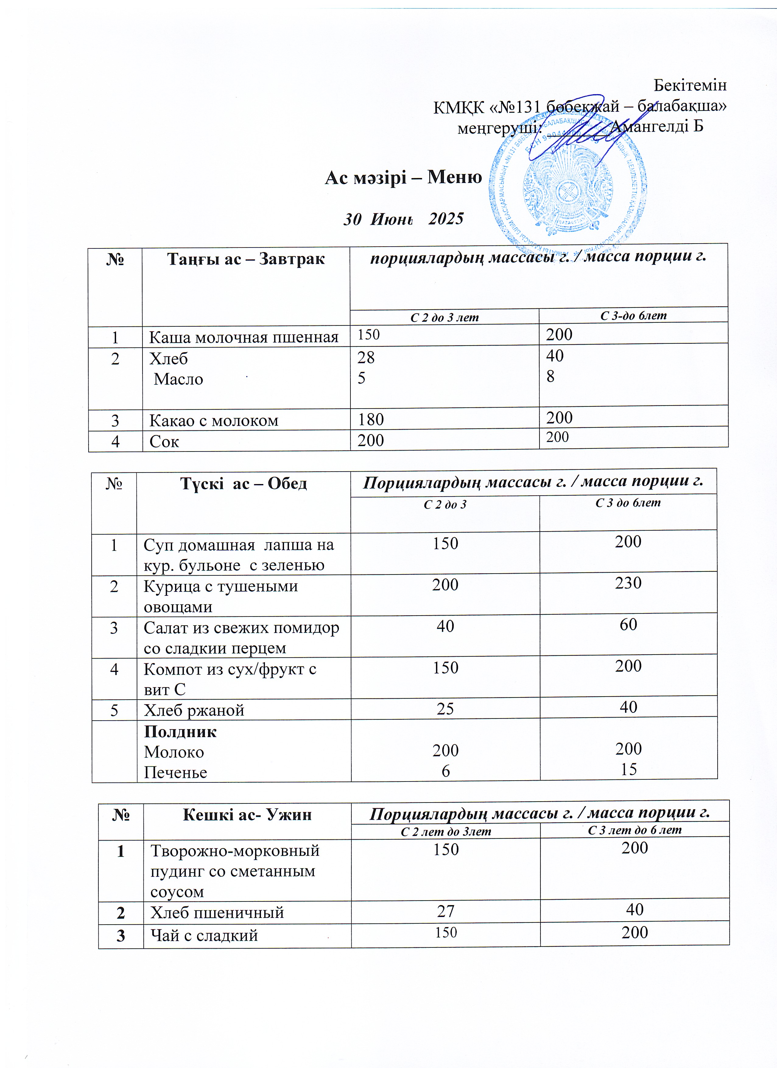 Меню 30 Июнь 2025 г