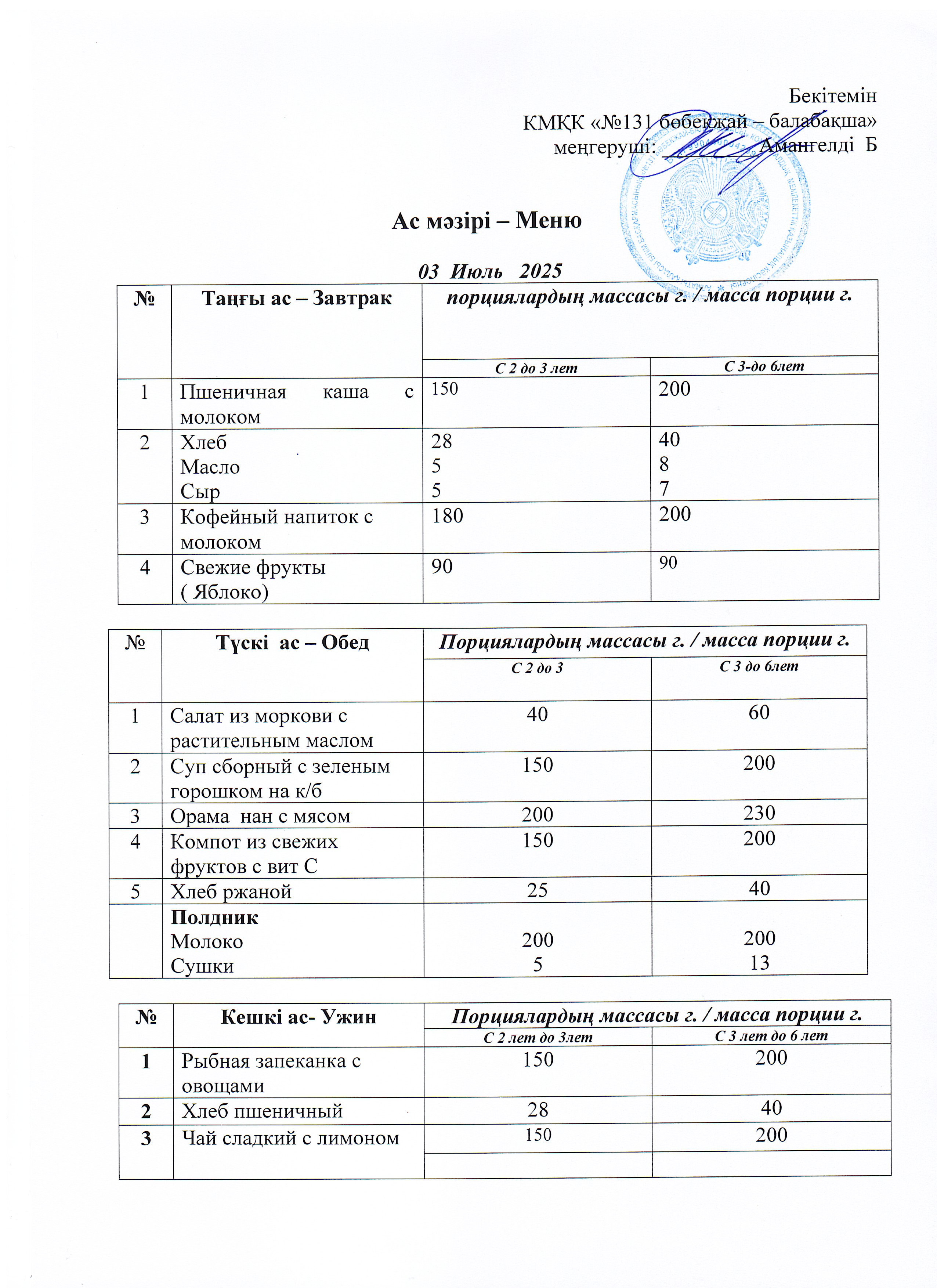 Меню 03 Июль 2025 г