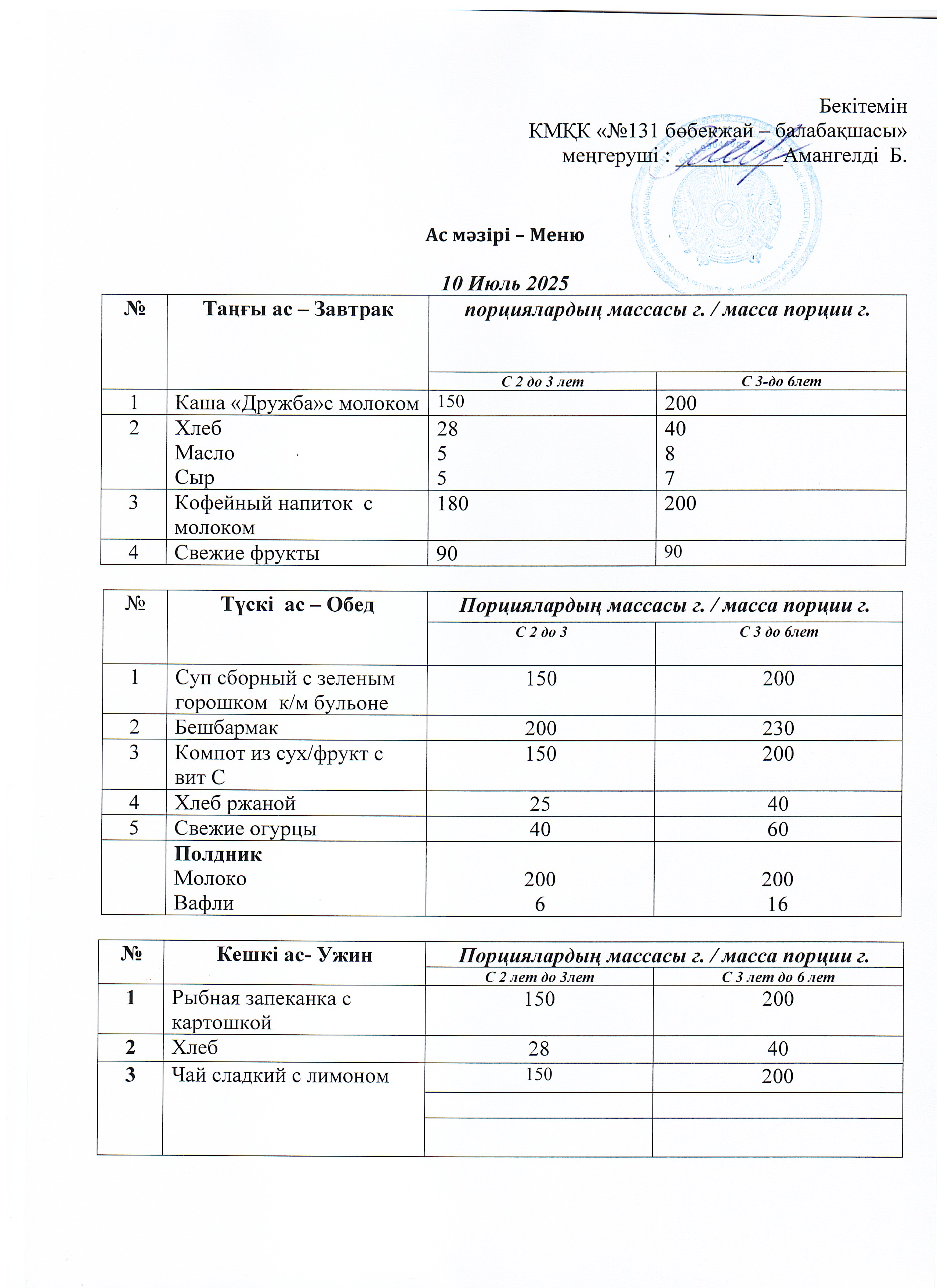 Меню 10 Июль 2025 г