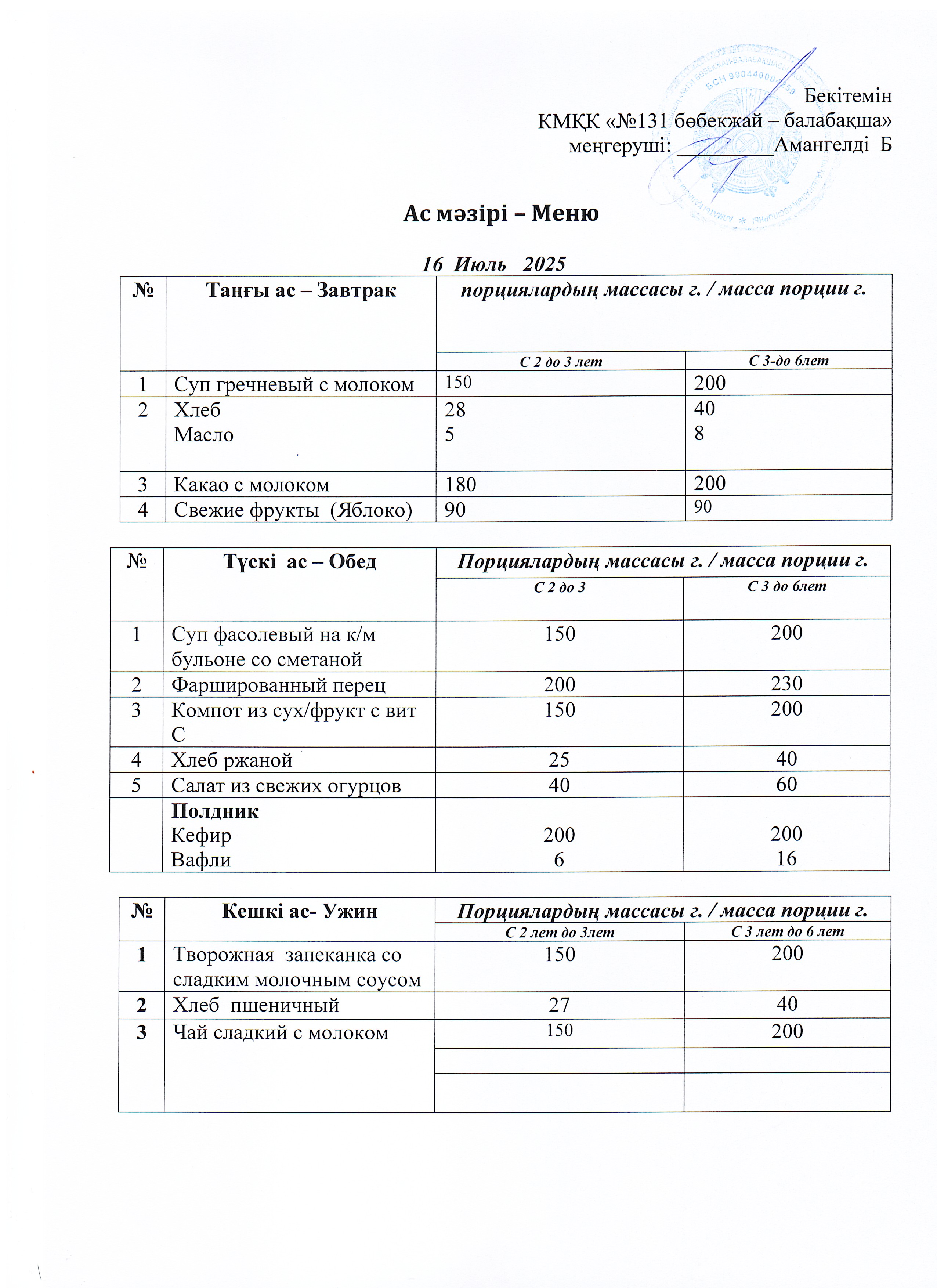 Меню 16 Июль 2025 г