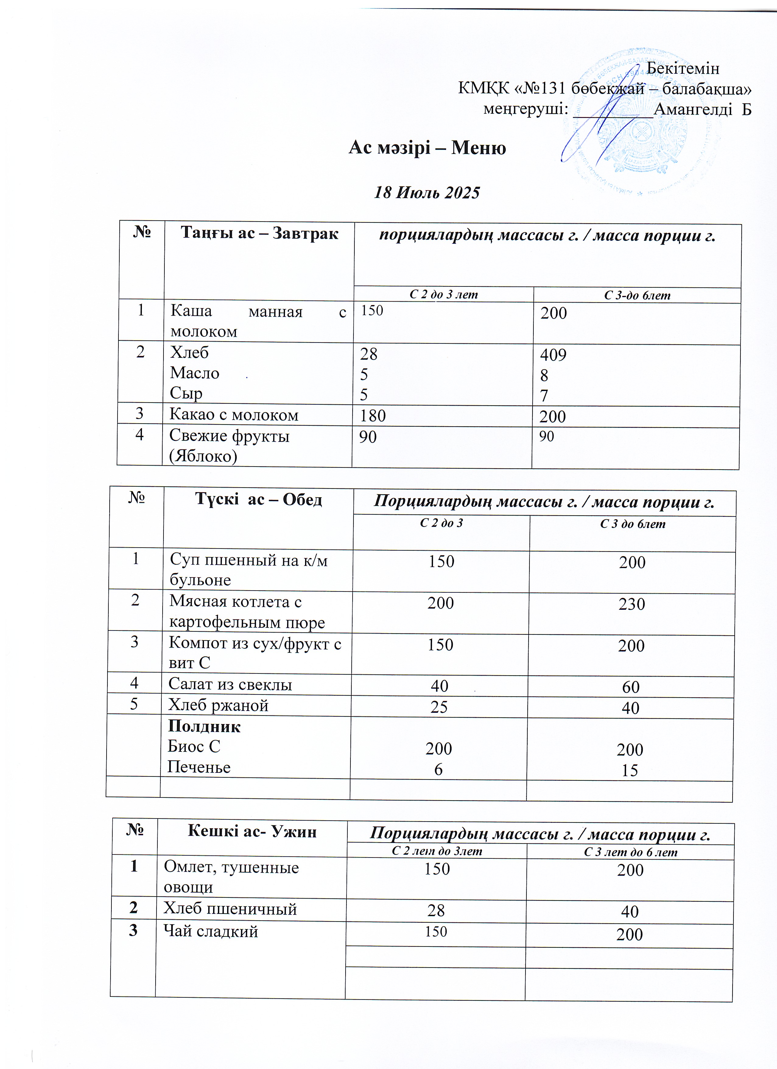 Меню 18 Июль 2025 г