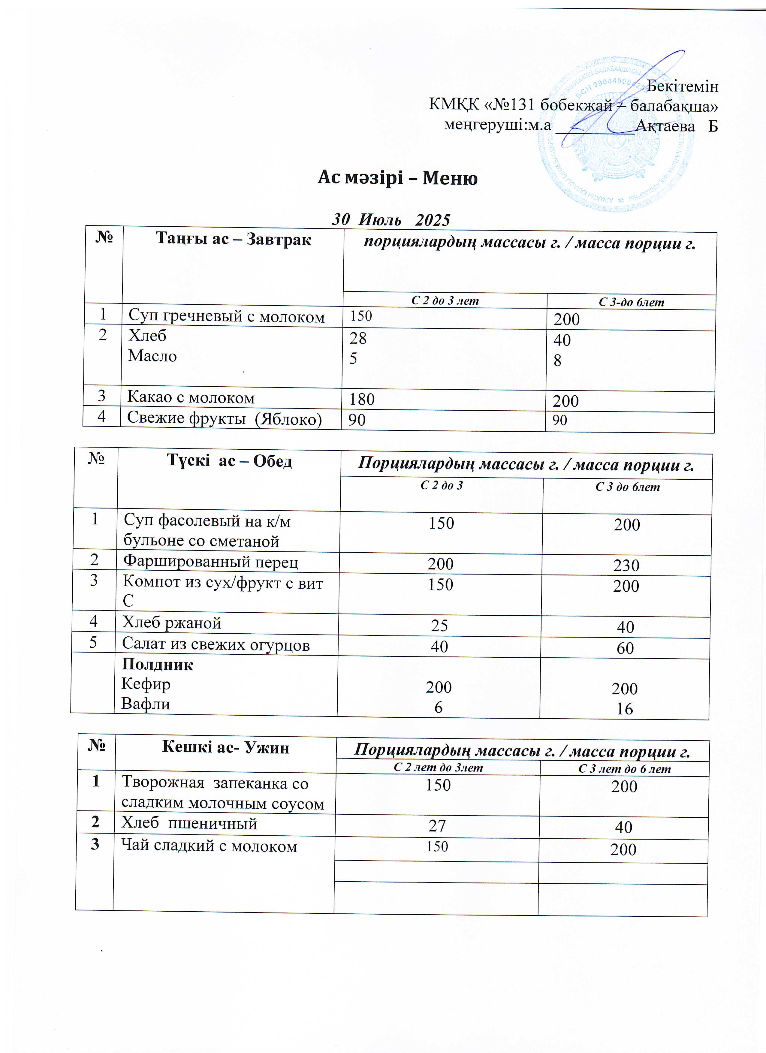 Меню 30 Июль 2025 г