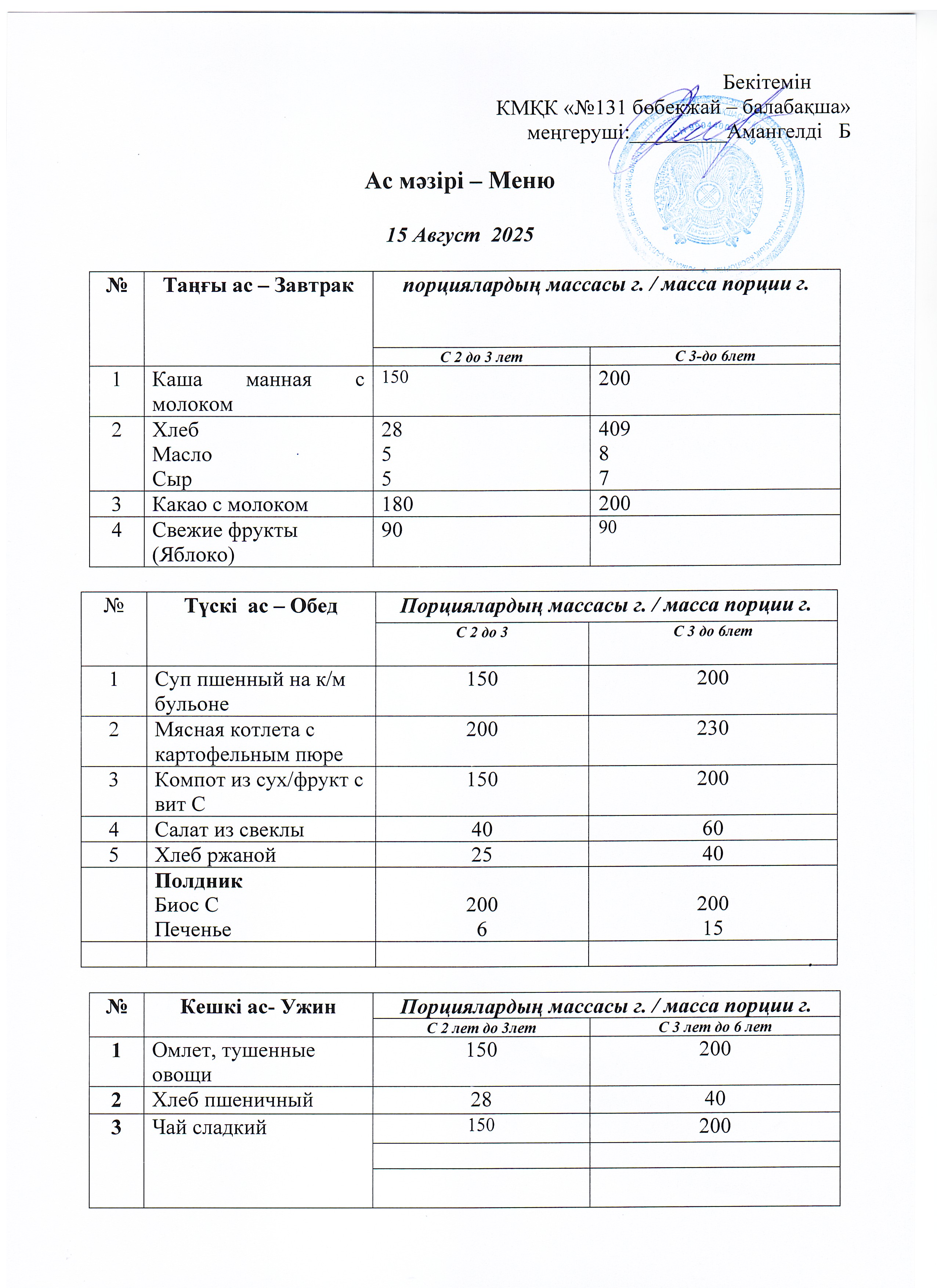 Меню 15 Август 2025 г