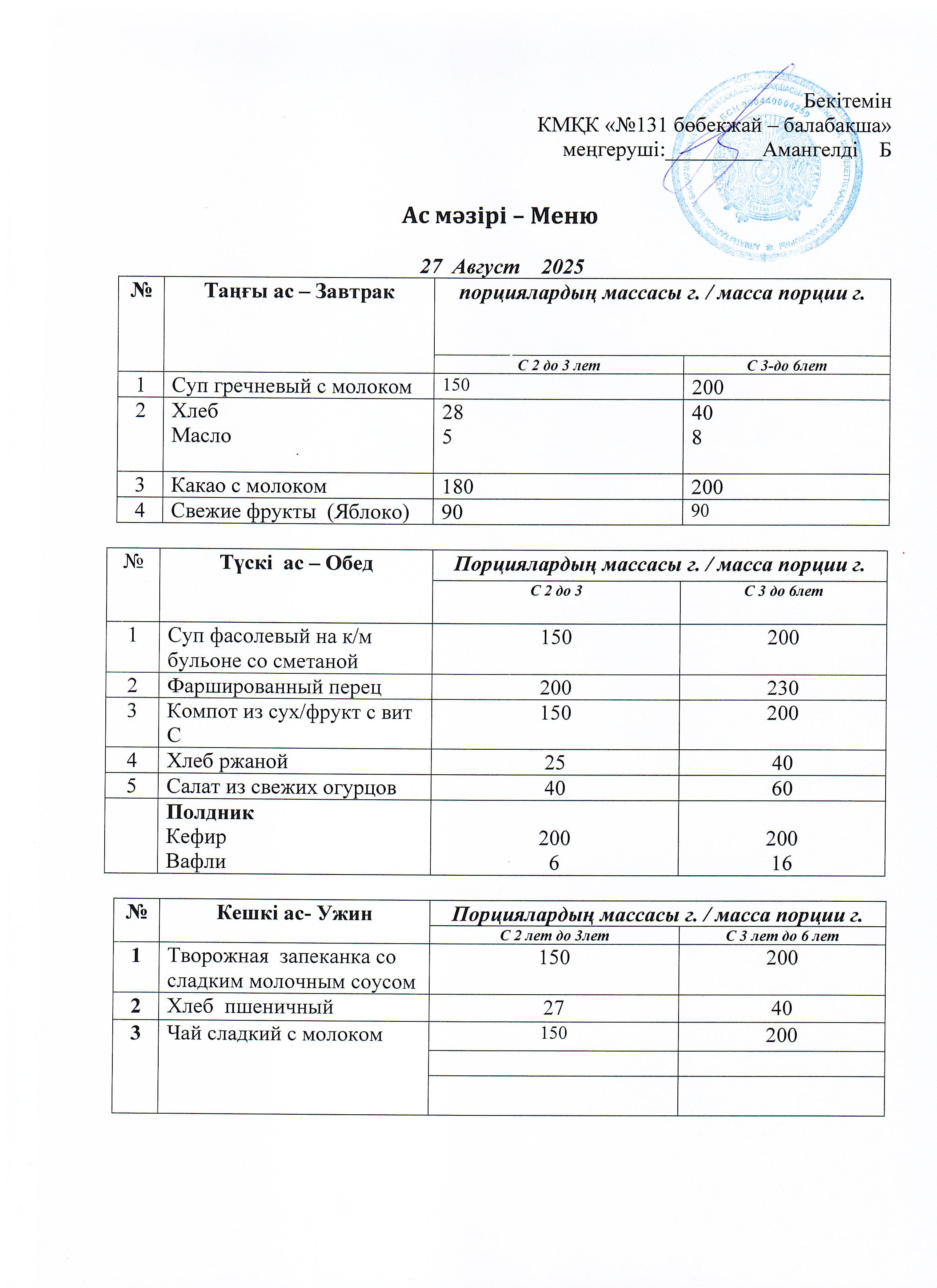 Меню 27 Август 2025 г