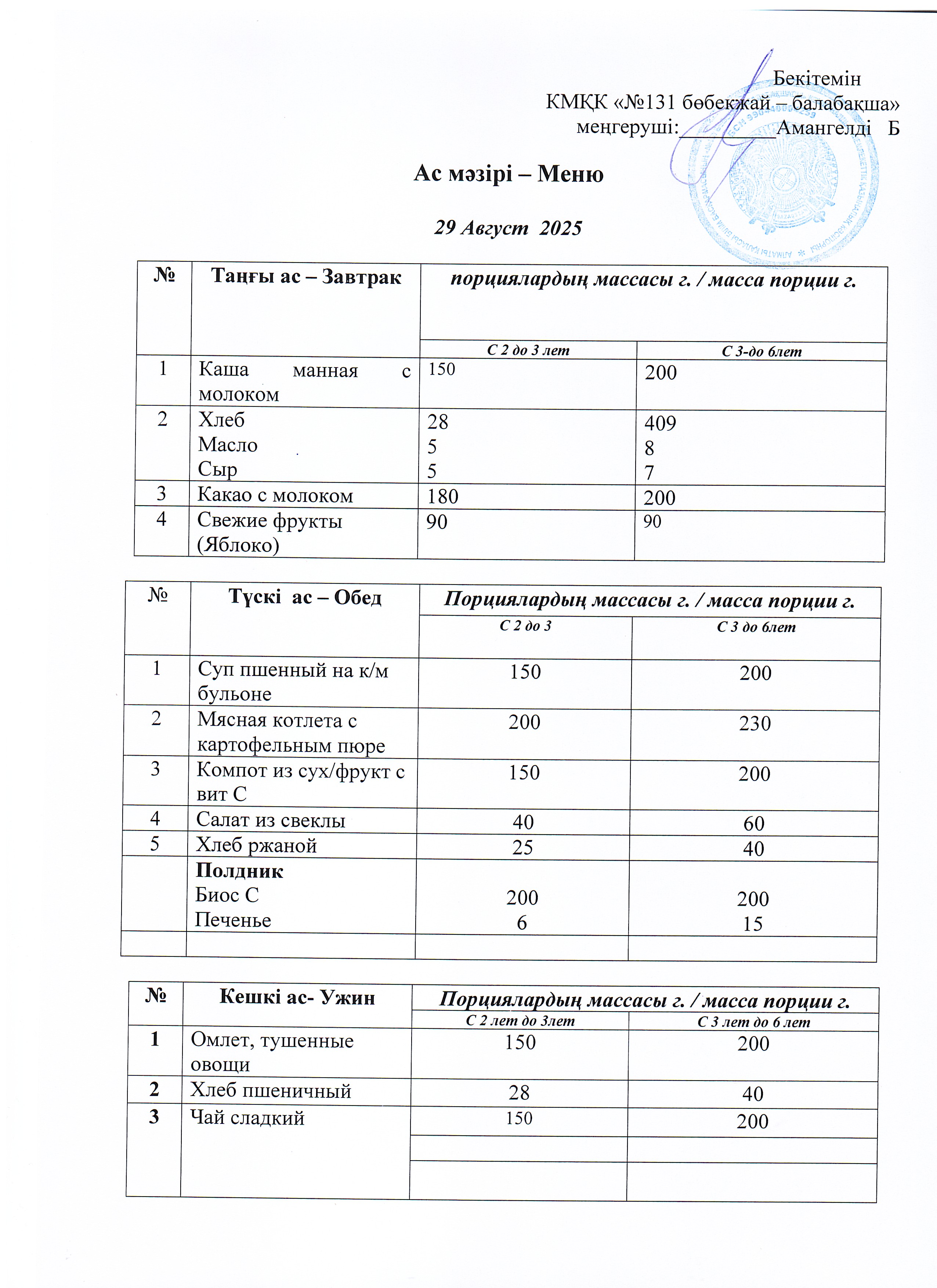 Меню 29 Август 2025 г