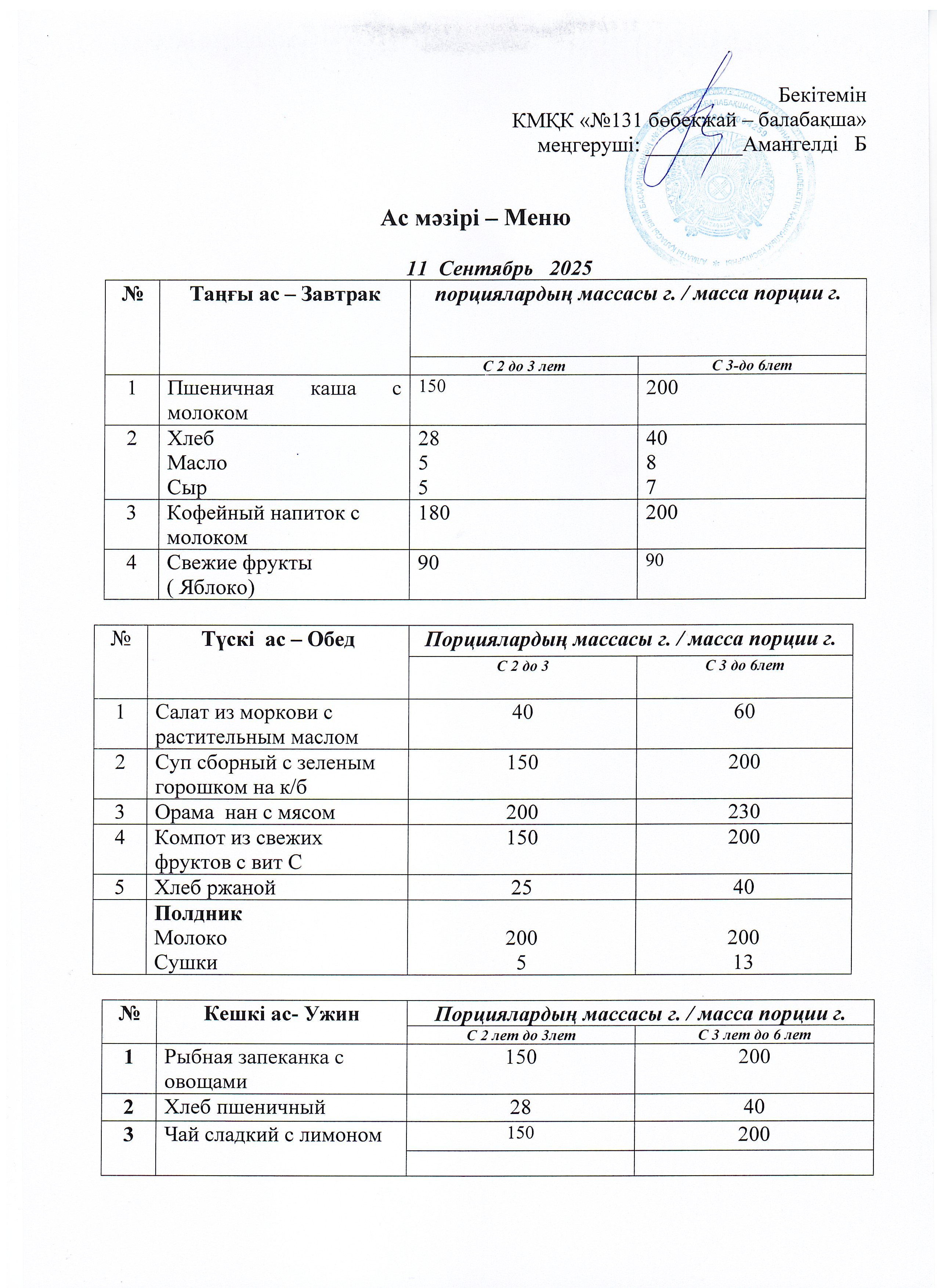 Меню 11 Сентябрь 2025 г