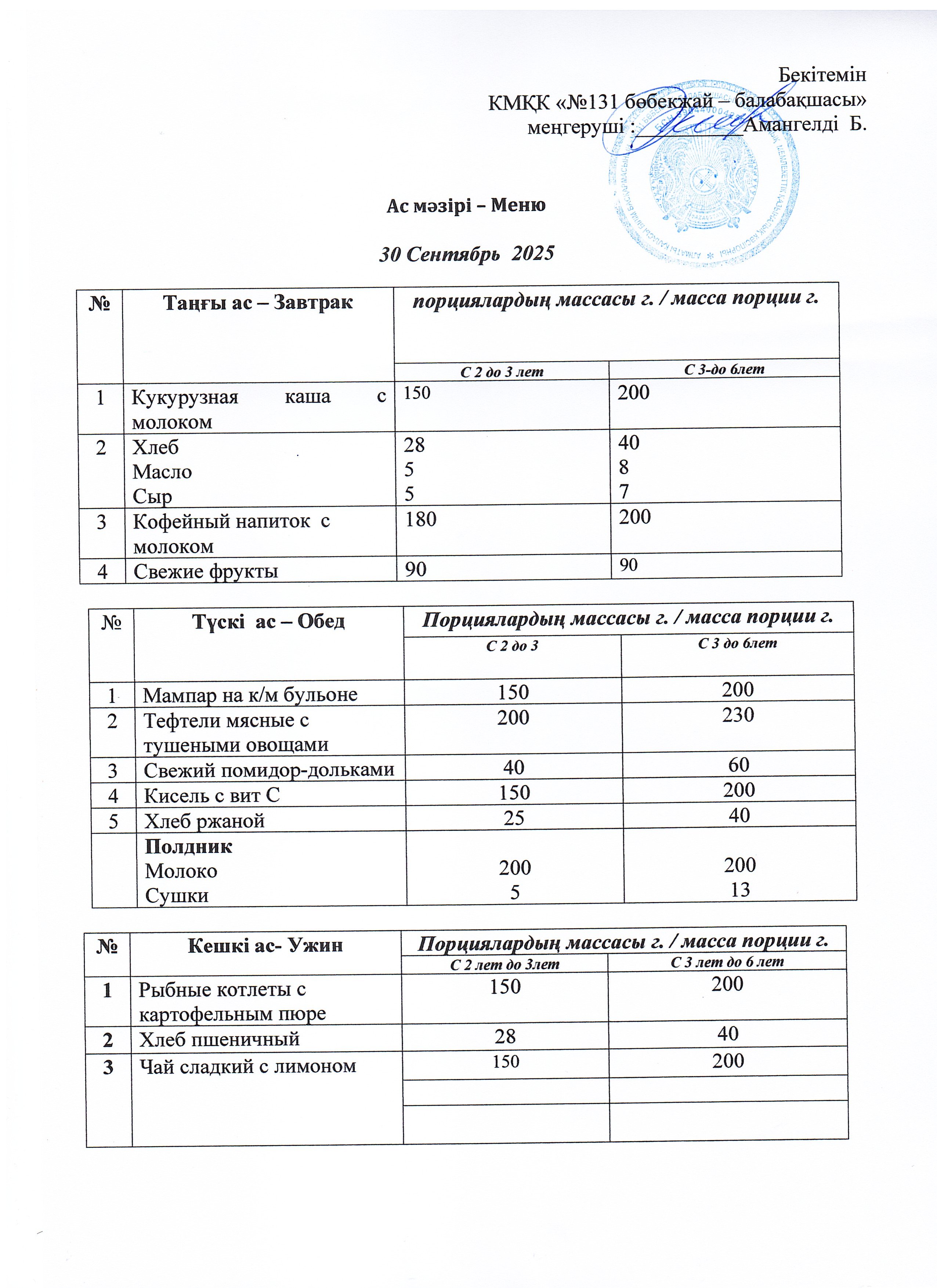 Меню 30 Сентябрь 2025 г