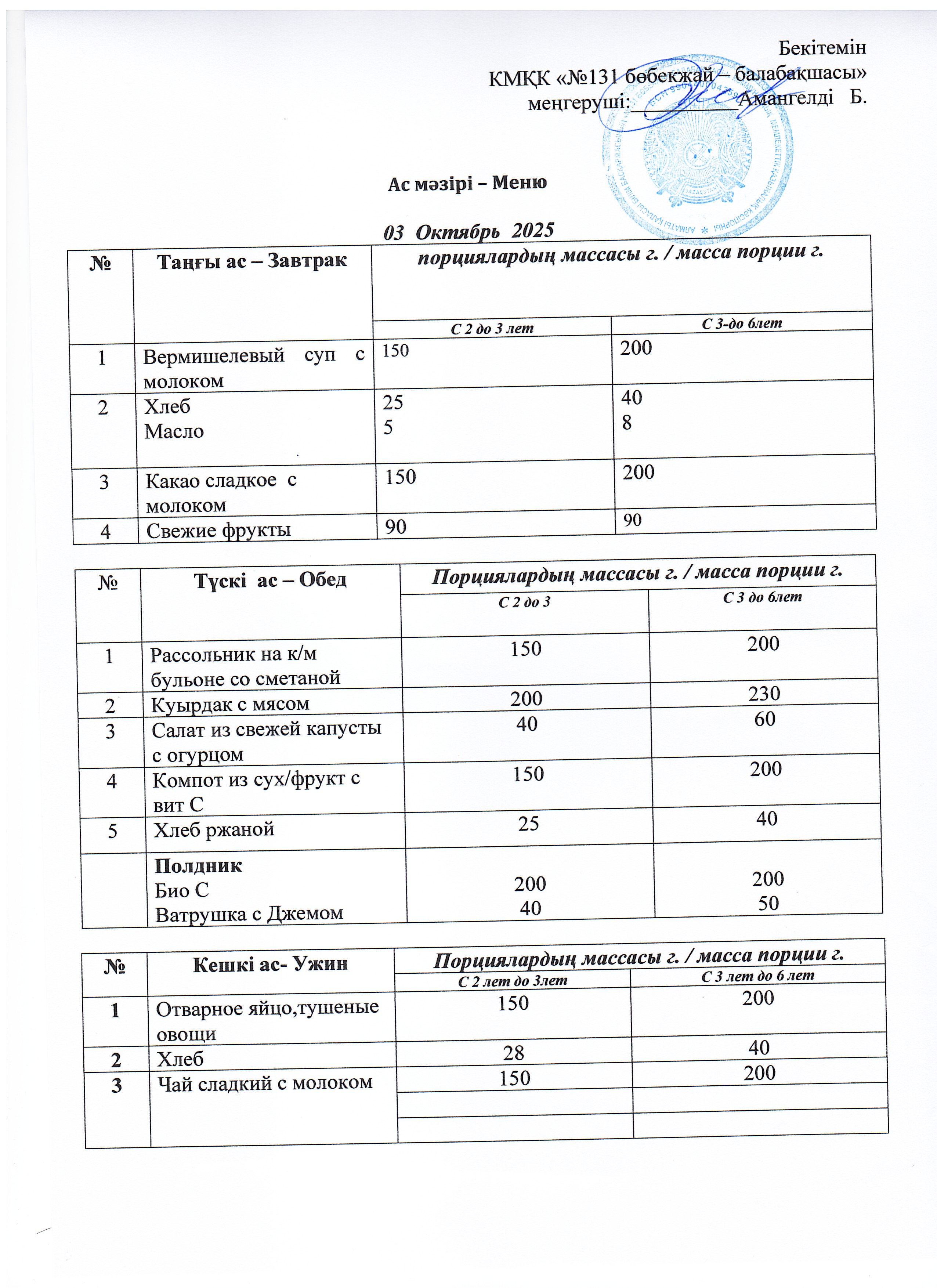 Меню 03 Октябрь 2025 г