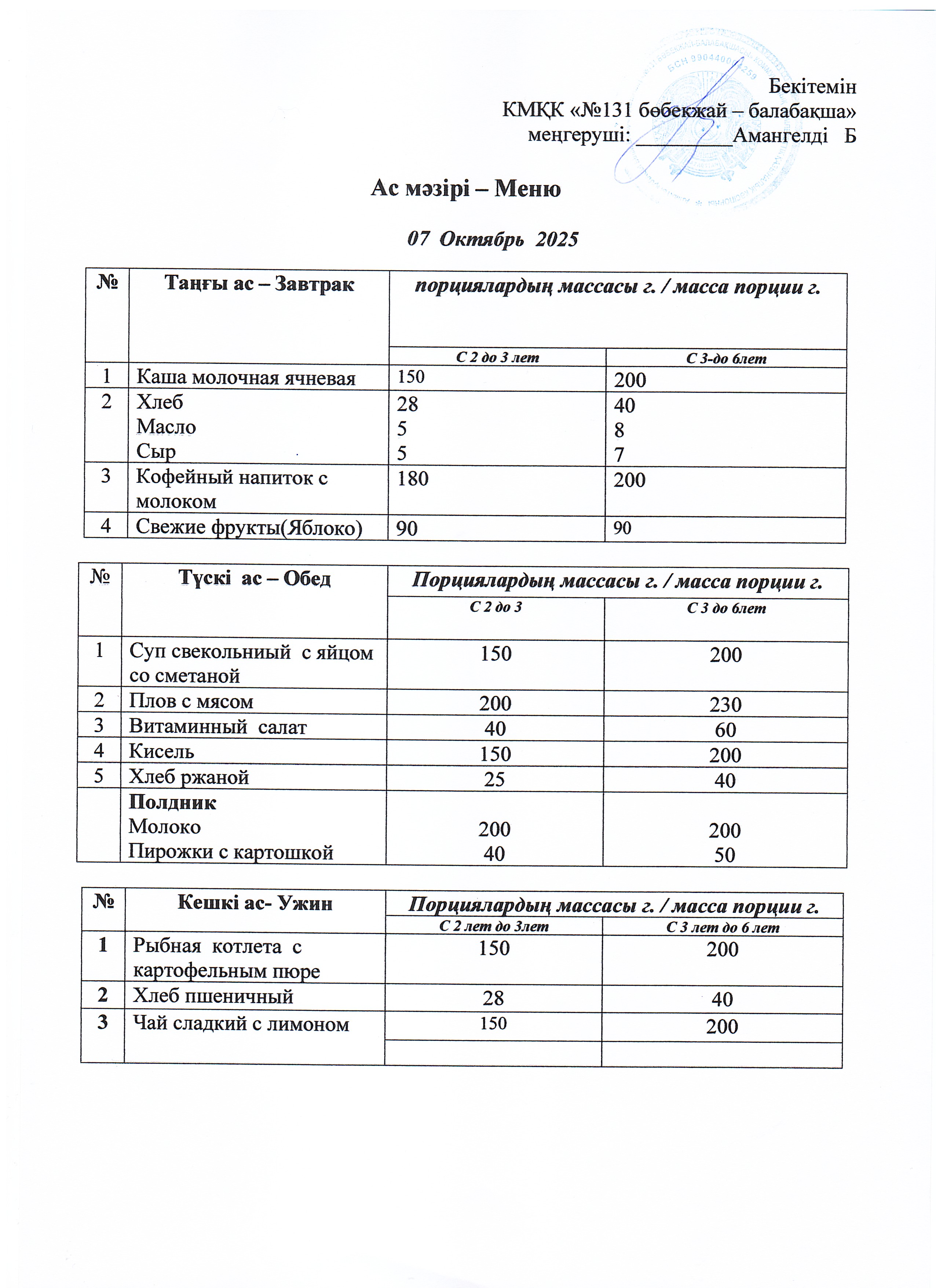 Меню 07 Октябрь 2025 г