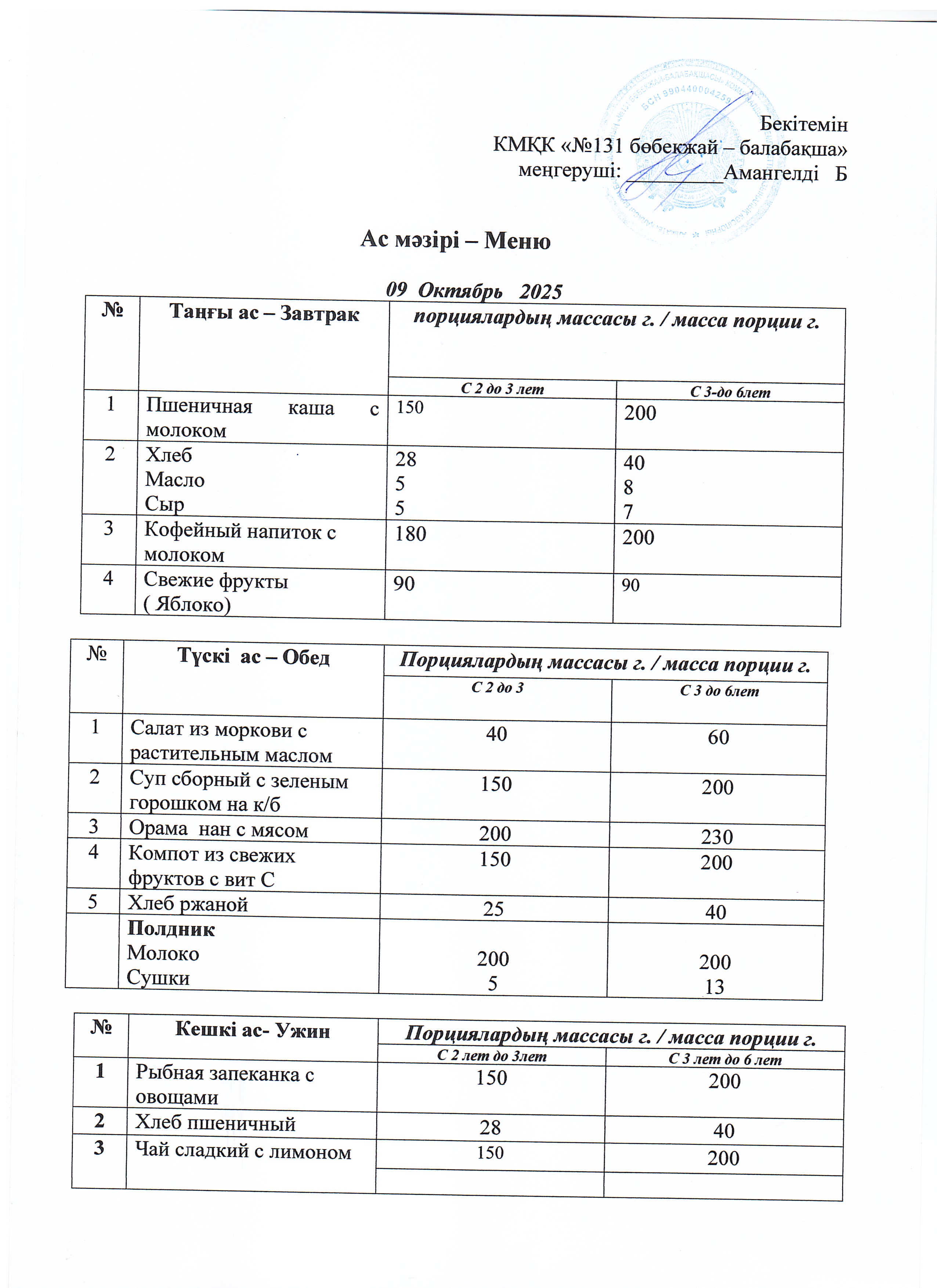 Меню 09 Октябрь 2025 г