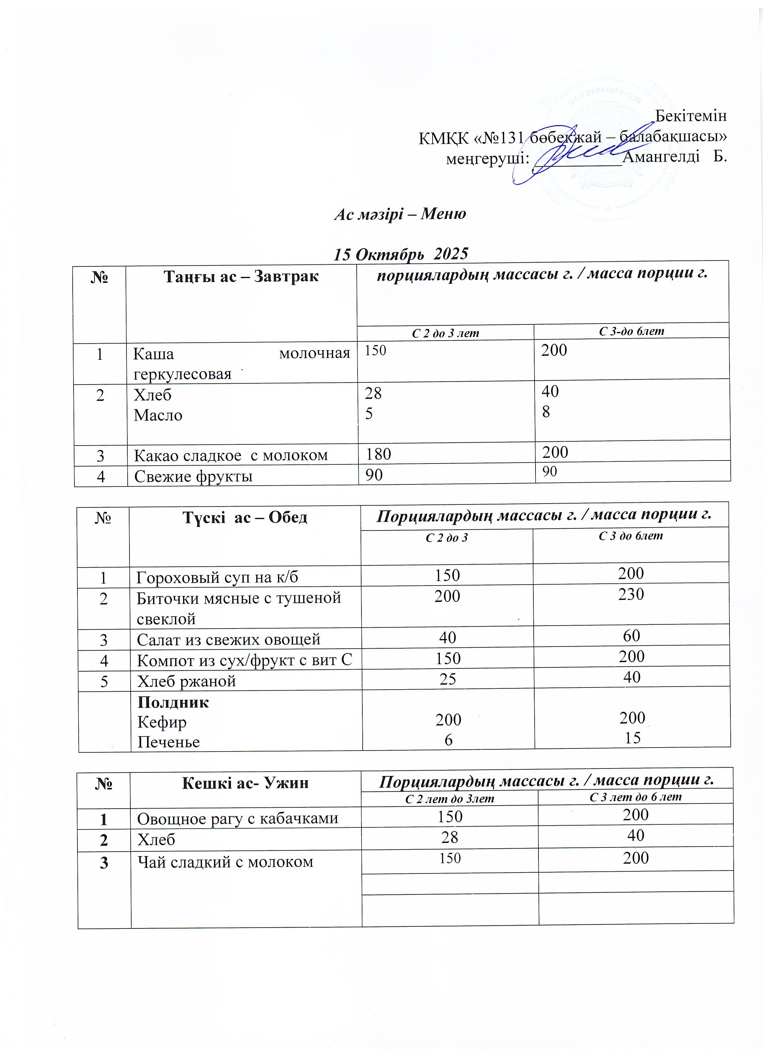 Меню 15 Октябрь 2025 г
