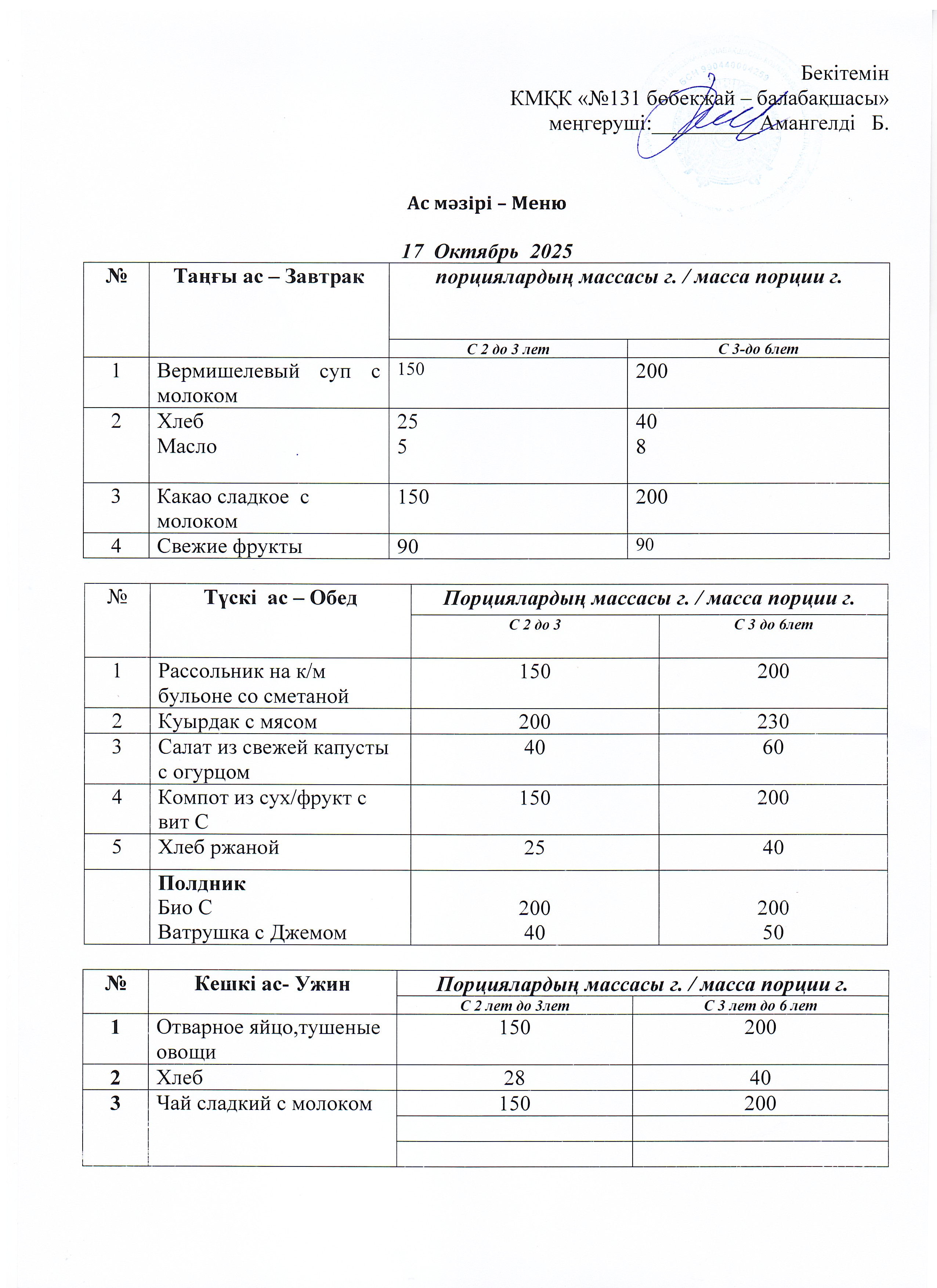 Меню 17 Октябрь 2025 г