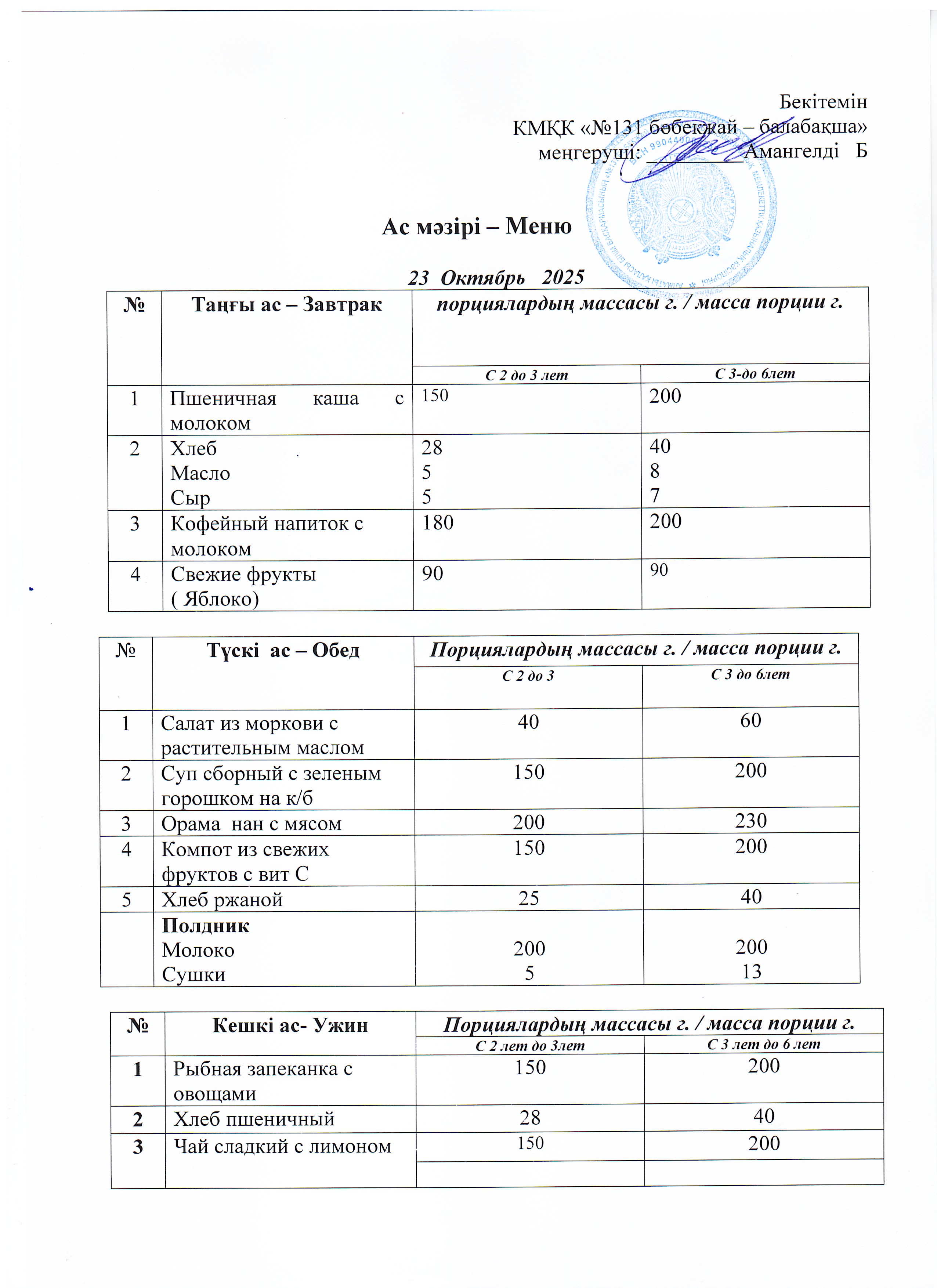 Меню 23 Октябрь 2025 г