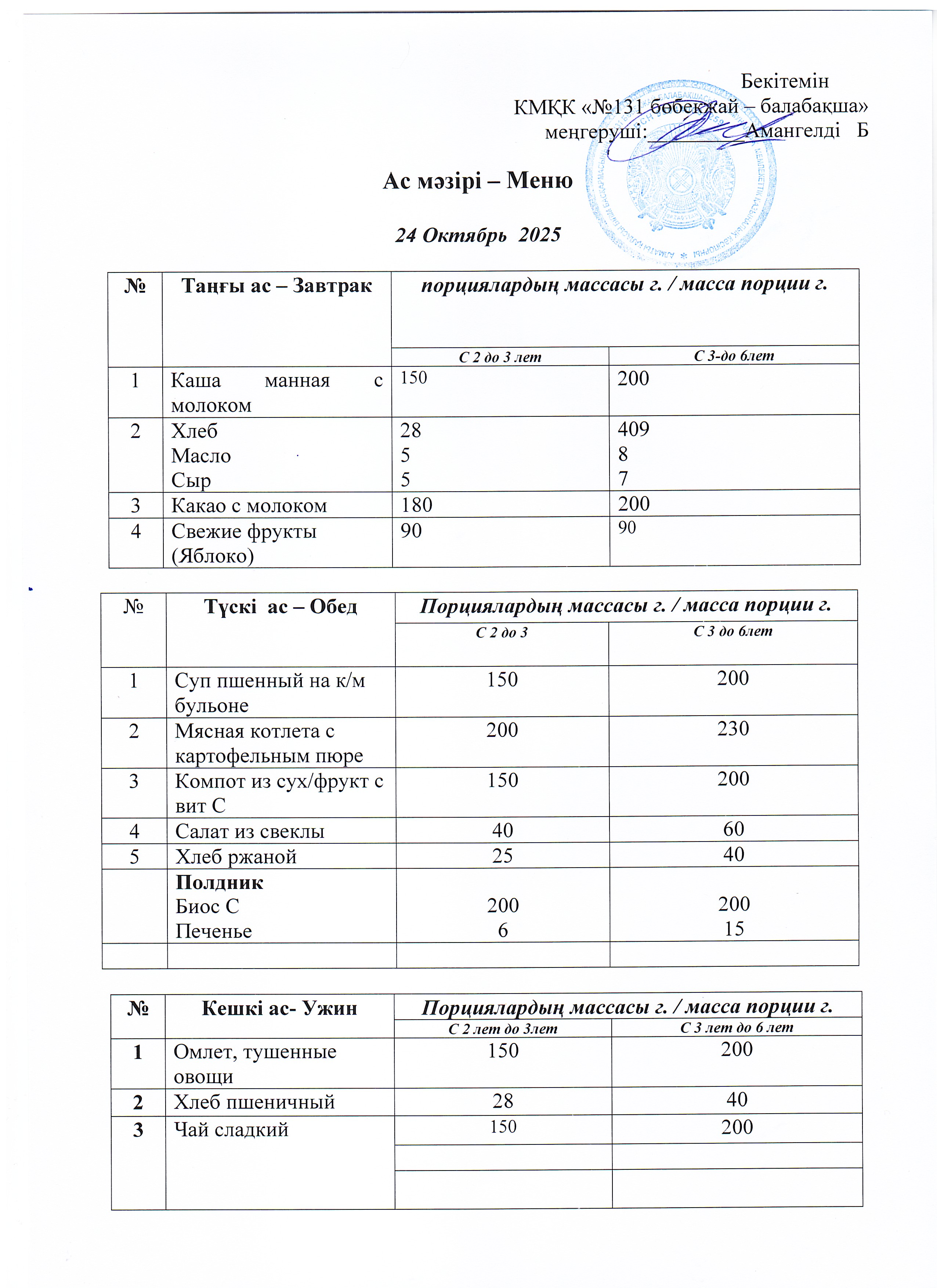Меню 24 Октябрь 2025 г