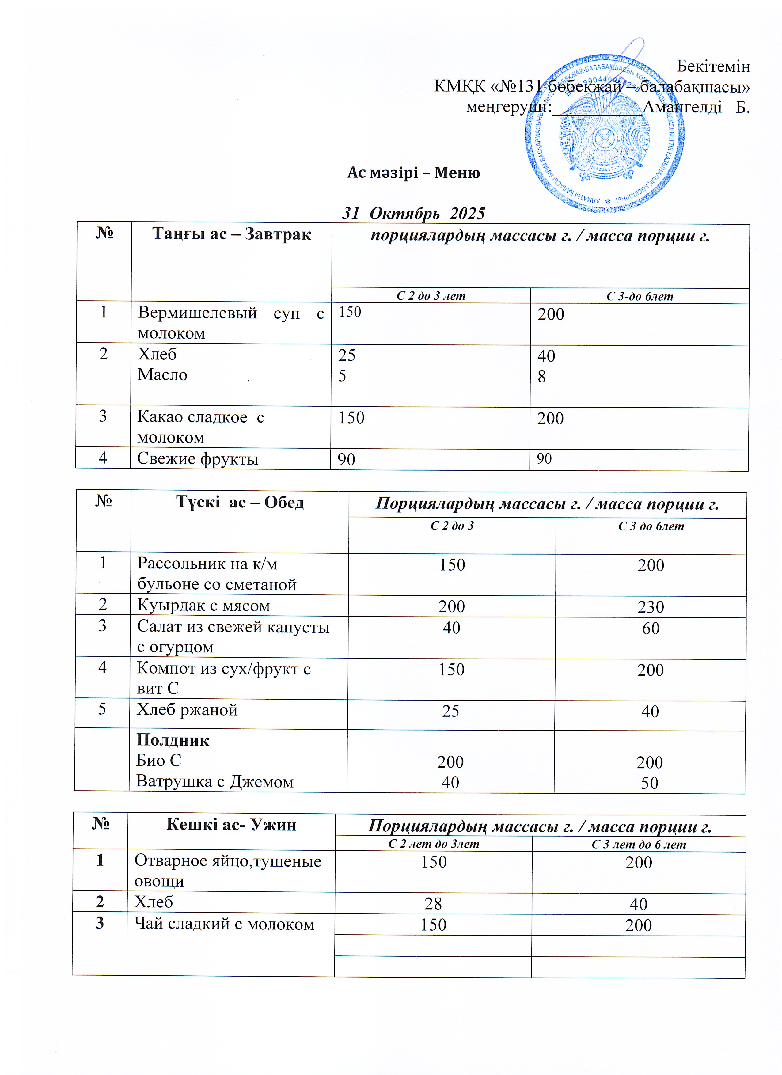 Меню 31 Октябрь 2025 г